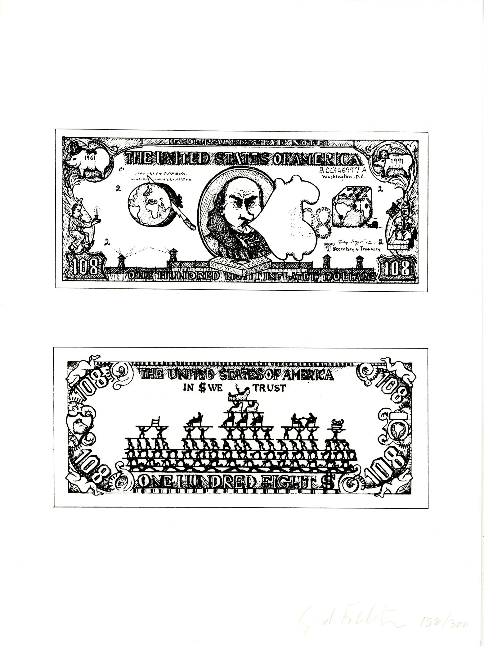 Figurative Print Oyvind Fahlstrom - Un millier et huit dollars déduits de la collection Sonnabend et Castelli