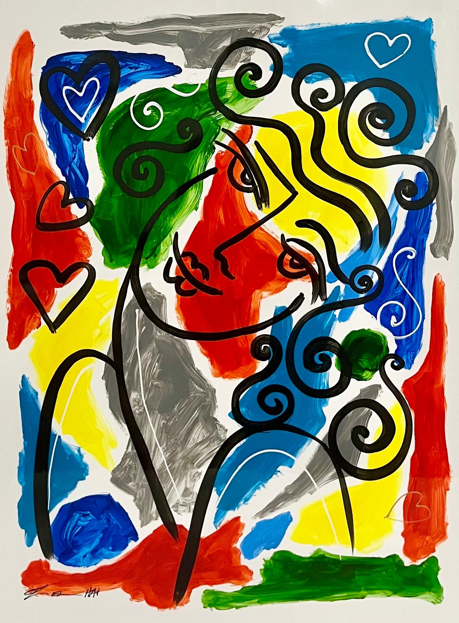 Originale Oz El Hai Pop Art israeliana Pittura a smalto laccato vibrante Amore colorato