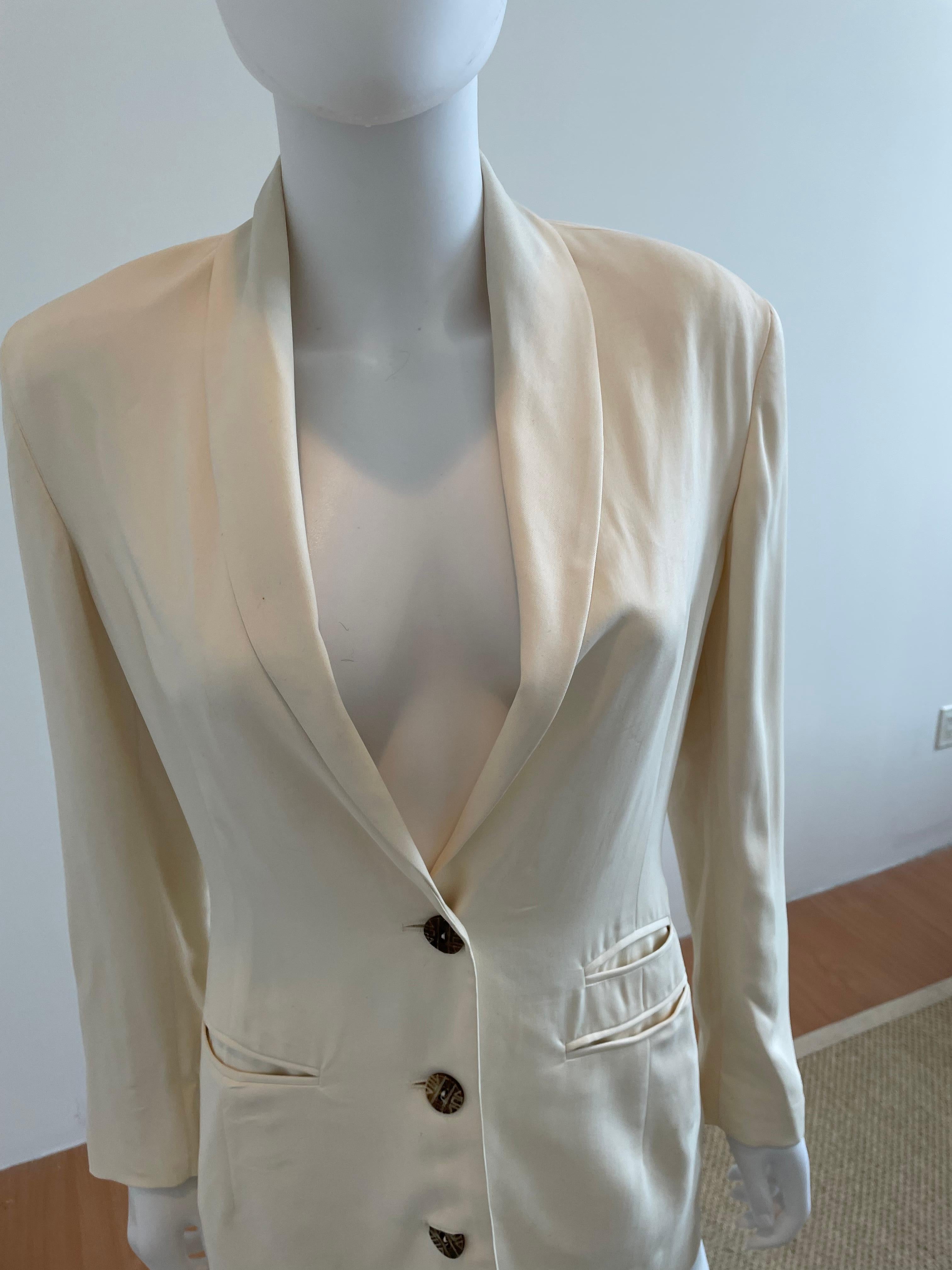 Brown Ozbek 1990s Silk Size 6 Ivory Blazer Jacket For Sale