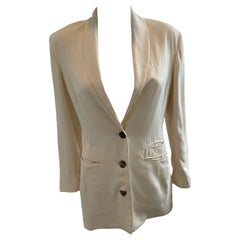 Vintage Ozbek 1990s Silk Size 6 Ivory Blazer Jacket