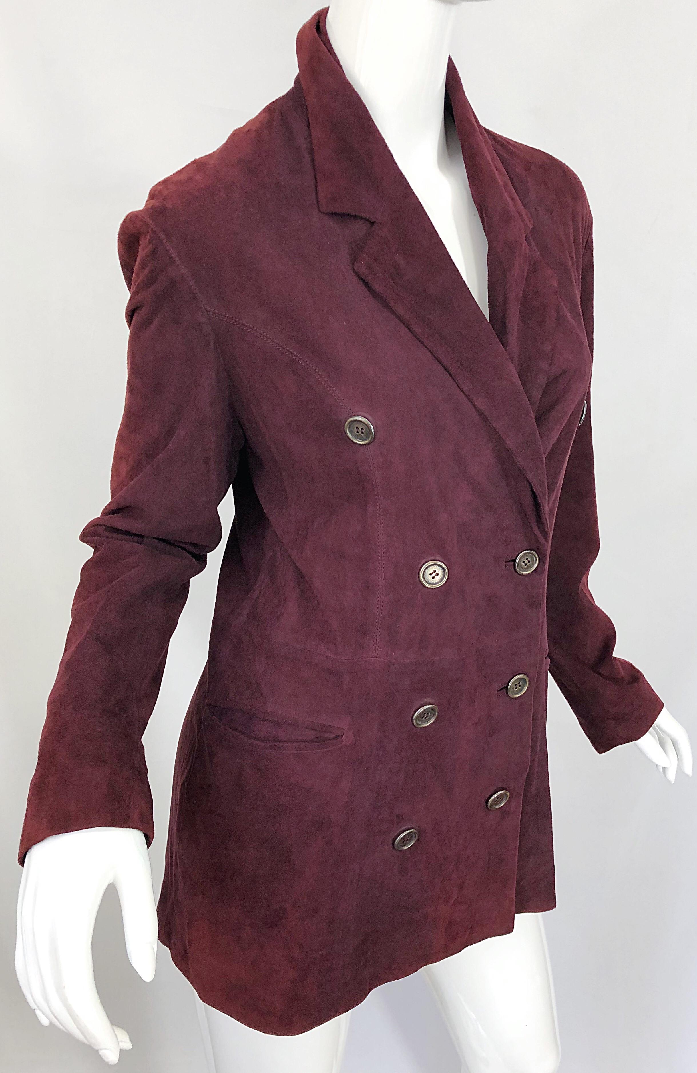 Ozbek 1990s Suede Leather Size 8 Burgundy Maroon Double Breasted Blazer Jacket For Sale 2