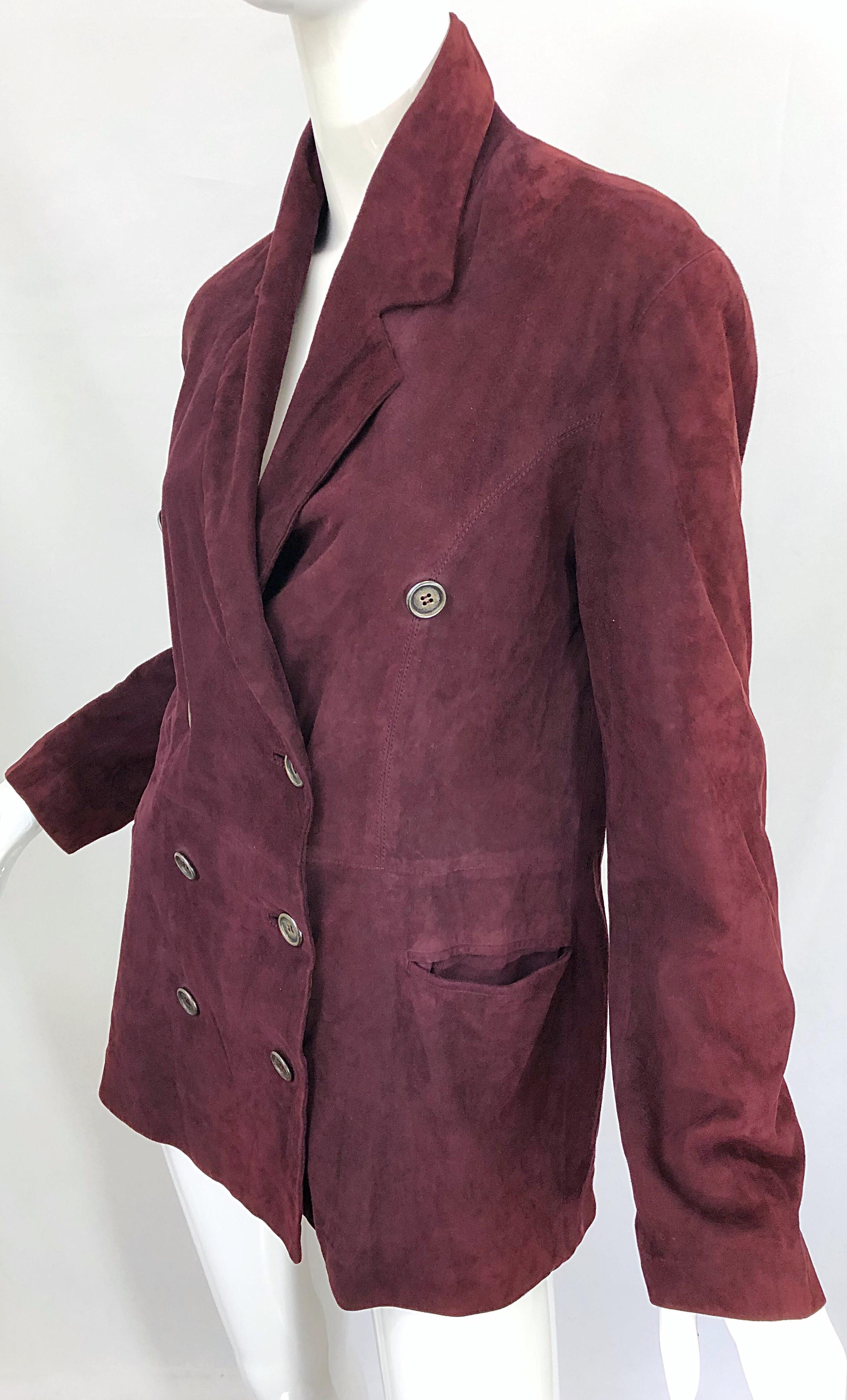 Ozbek 1990s Suede Leather Size 8 Burgundy Maroon Double Breasted Blazer Jacket For Sale 3