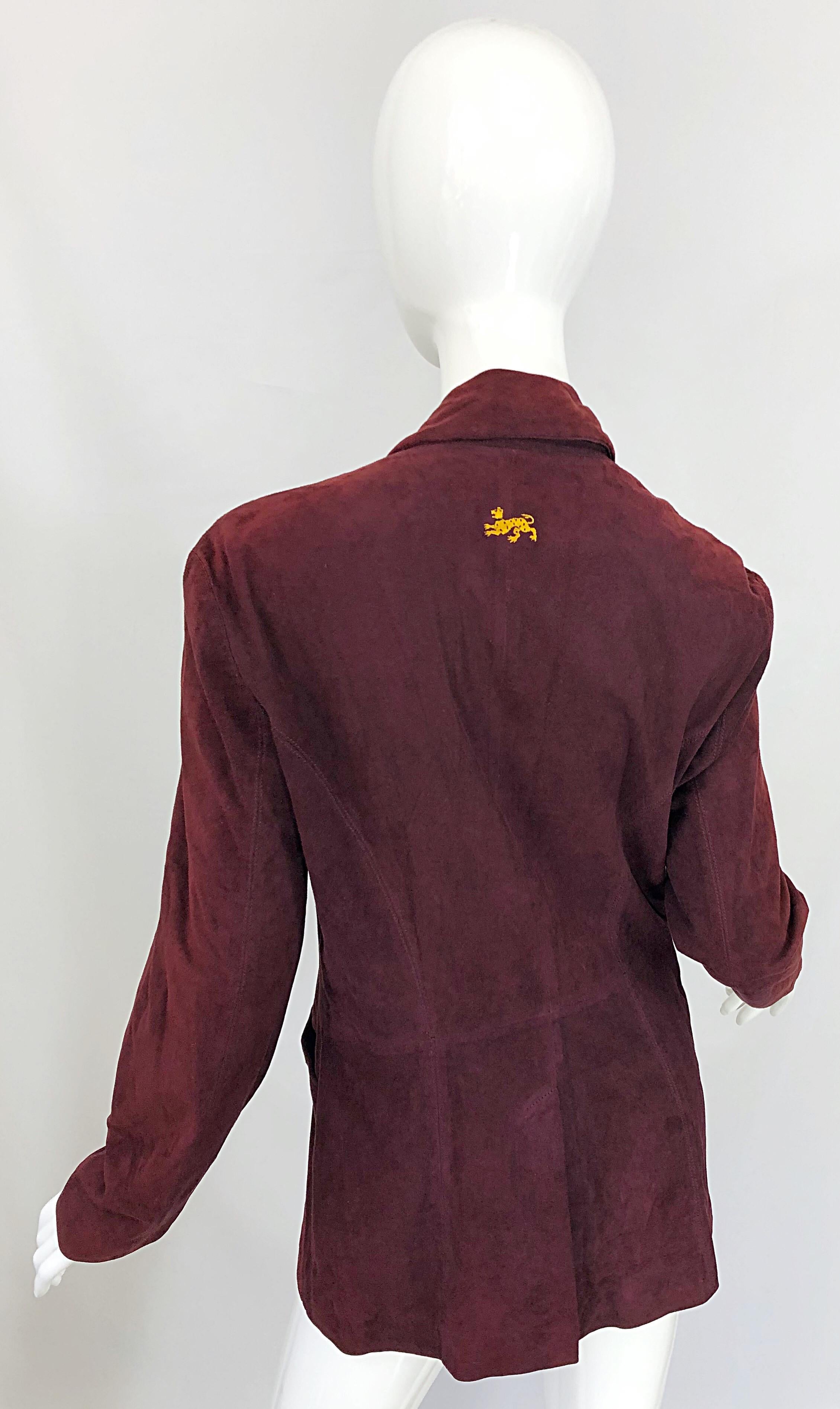 Ozbek 1990s Suede Leather Size 8 Burgundy Maroon Double Breasted Blazer Jacket For Sale 4