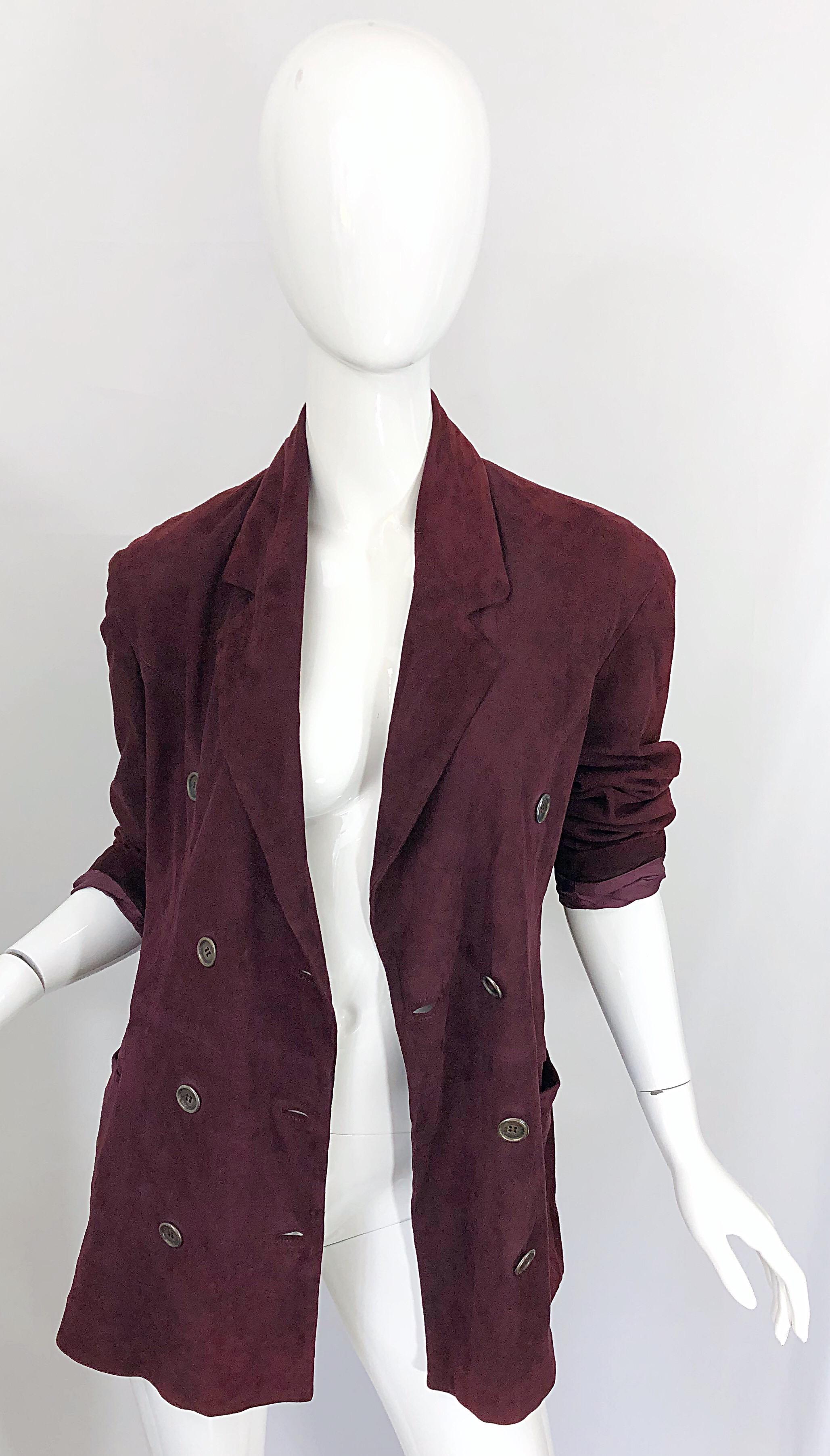 Ozbek 1990s Suede Leather Size 8 Burgundy Maroon Double Breasted Blazer Jacket For Sale 5