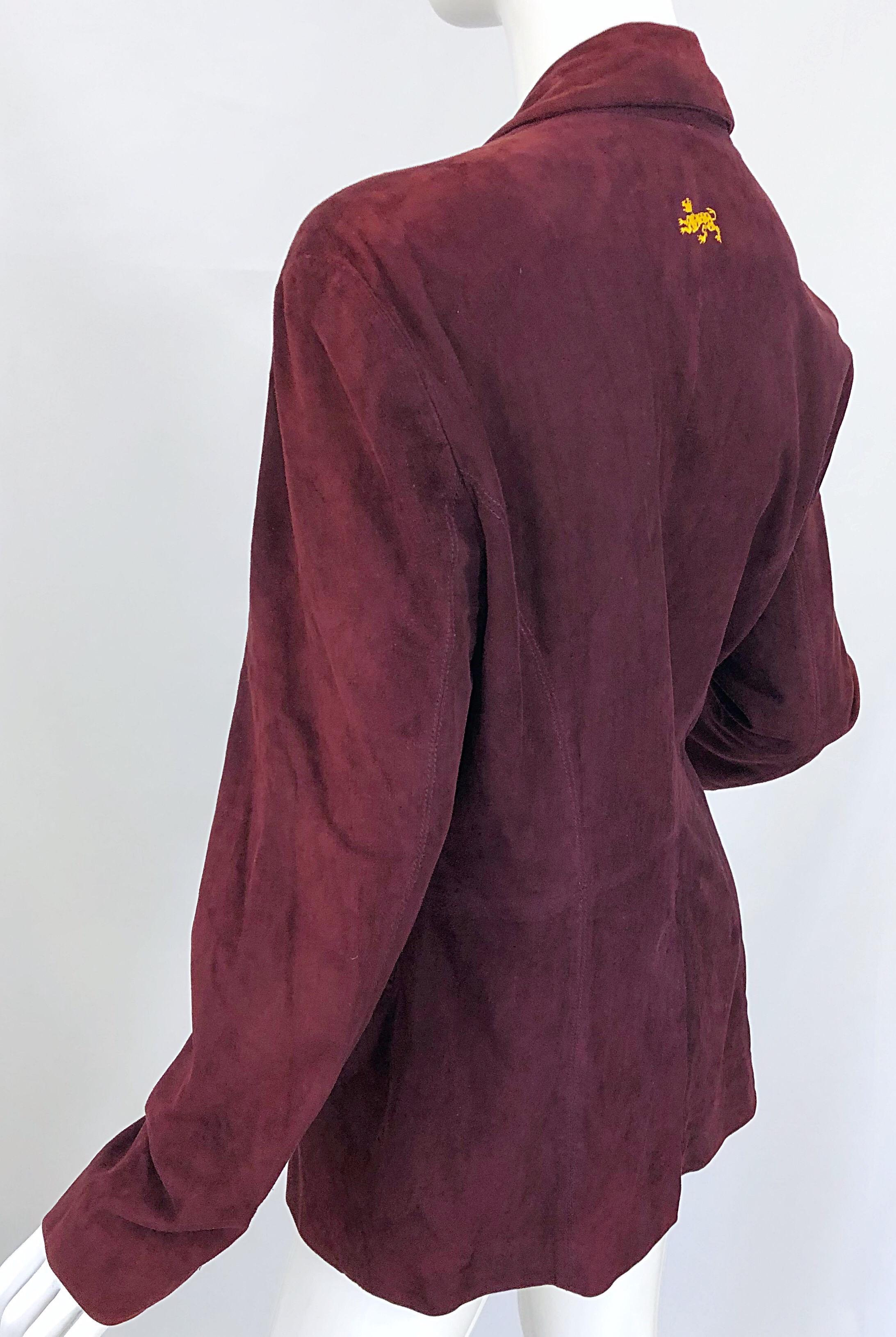 Ozbek 1990s Suede Leather Size 8 Burgundy Maroon Double Breasted Blazer Jacket For Sale 6