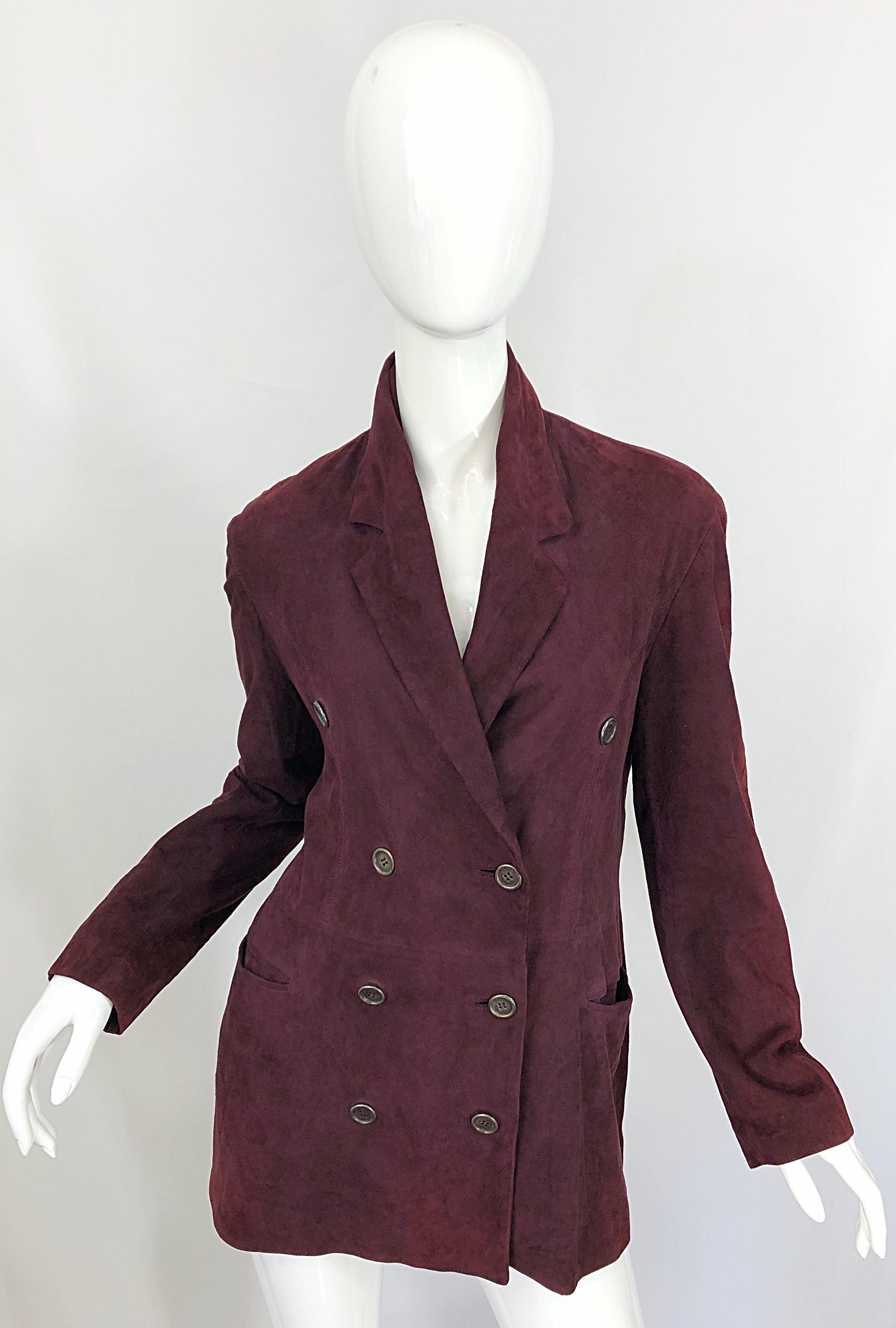 Ozbek 1990s Suede Leather Size 8 Burgundy Maroon Double Breasted Blazer Jacket For Sale 7