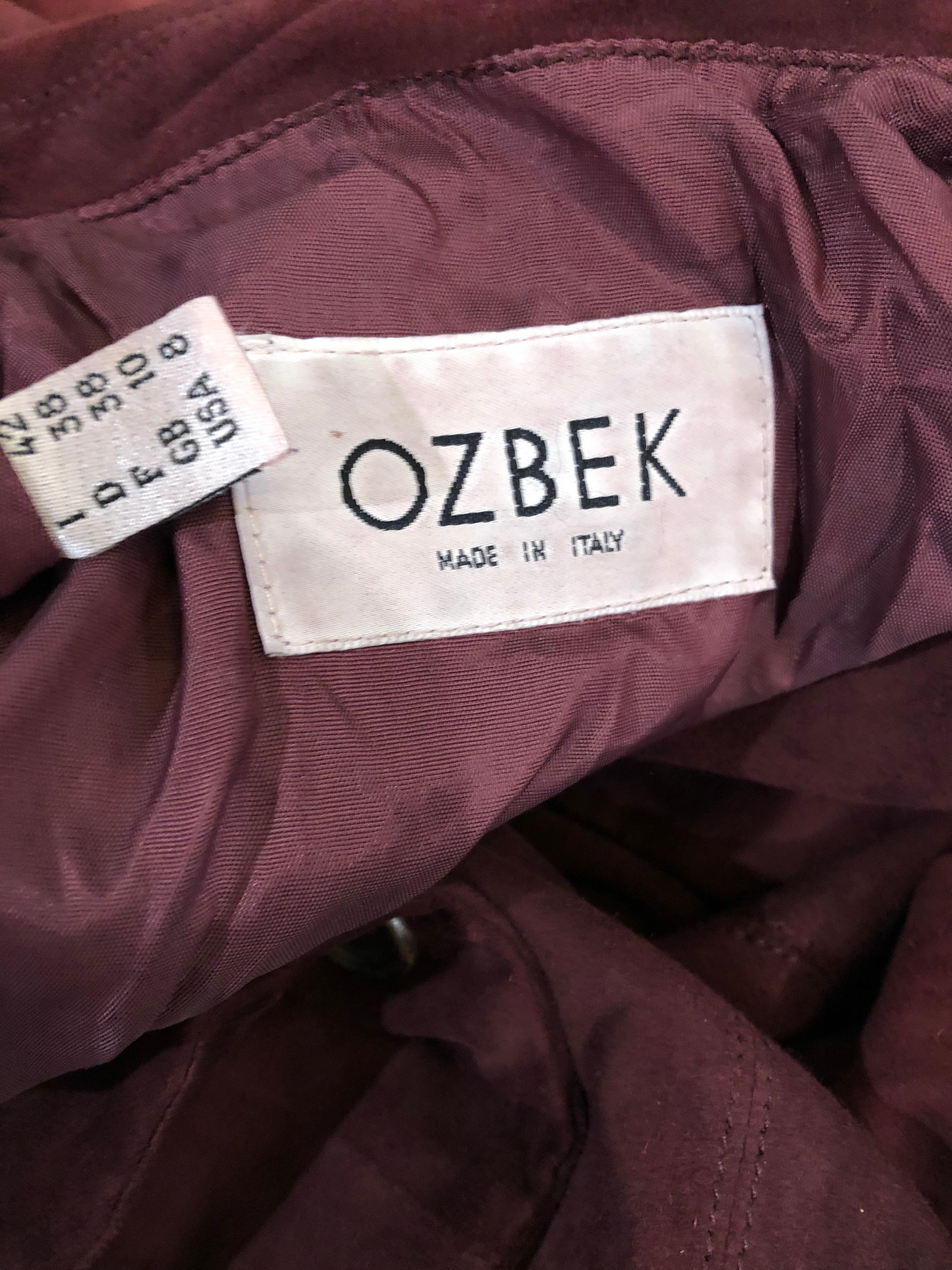Ozbek - Blazer croisé en cuir de daim bordeaux et marron, taille 8, années 1990 en vente 11