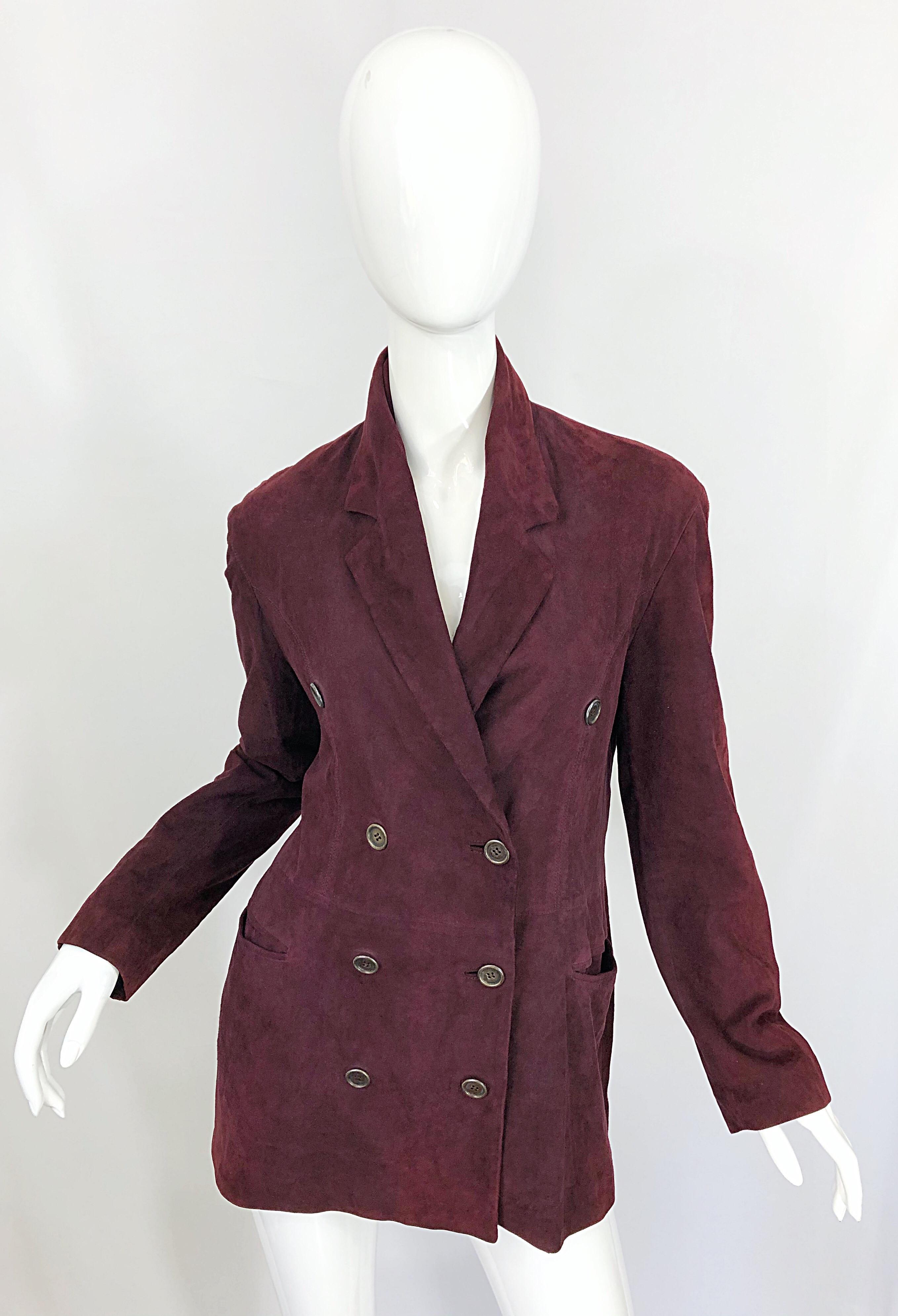 Chic vintage 90s RIFAT OZBEK maroon / burgundy suede leather double breasted blazer jacket! Features pewter buttons, and clear interior buttons to keep everything in place. Pockets at each side of the waist. Yellow embroidered logo directly under