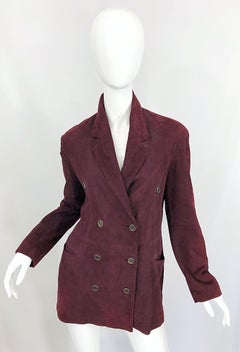 Ozbek - Blazer croisé en cuir de daim bordeaux et marron, taille 8, années 1990