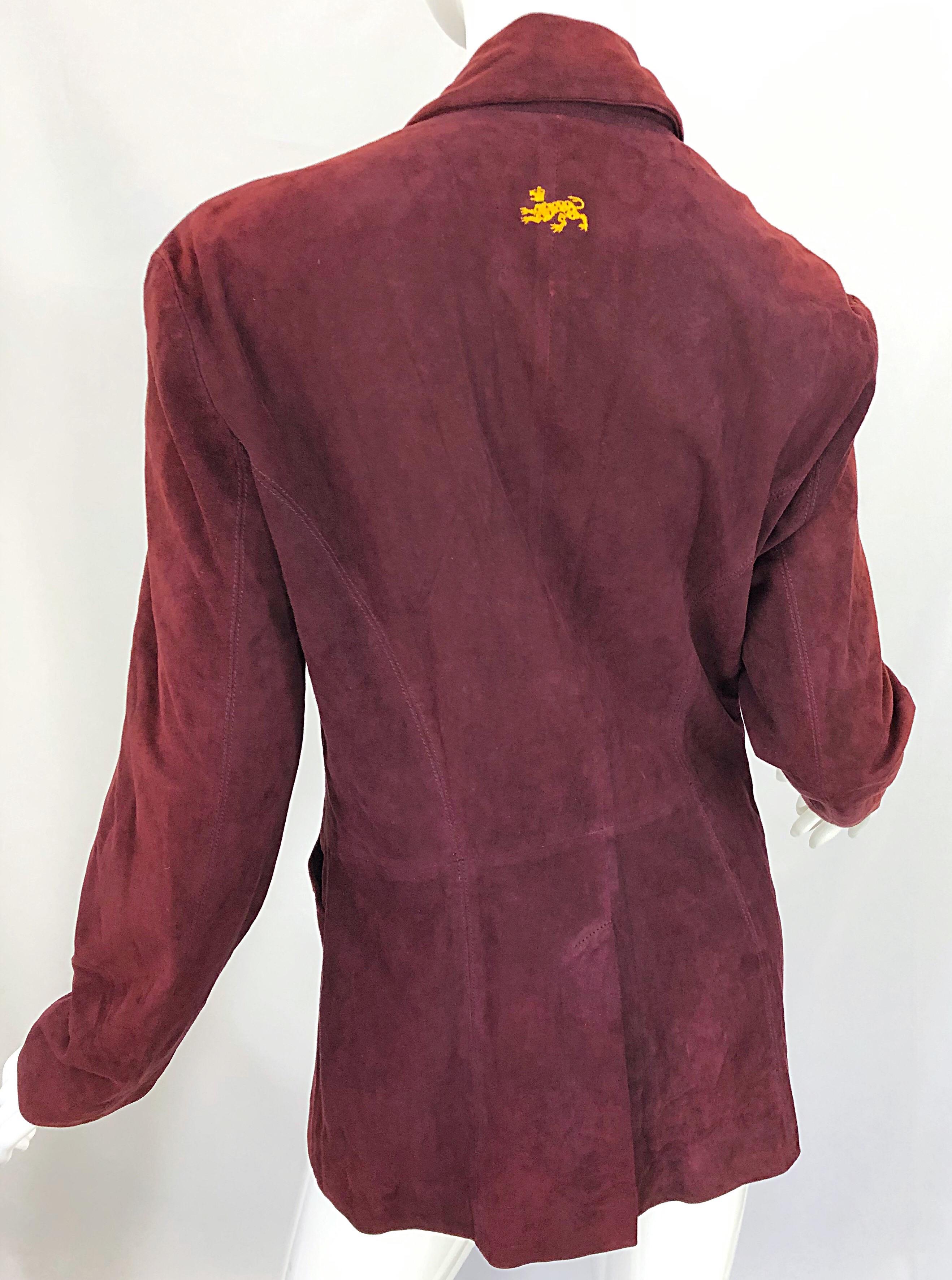 Marron Ozbek - Blazer croisé en cuir de daim bordeaux et marron, taille 8, années 1990 en vente