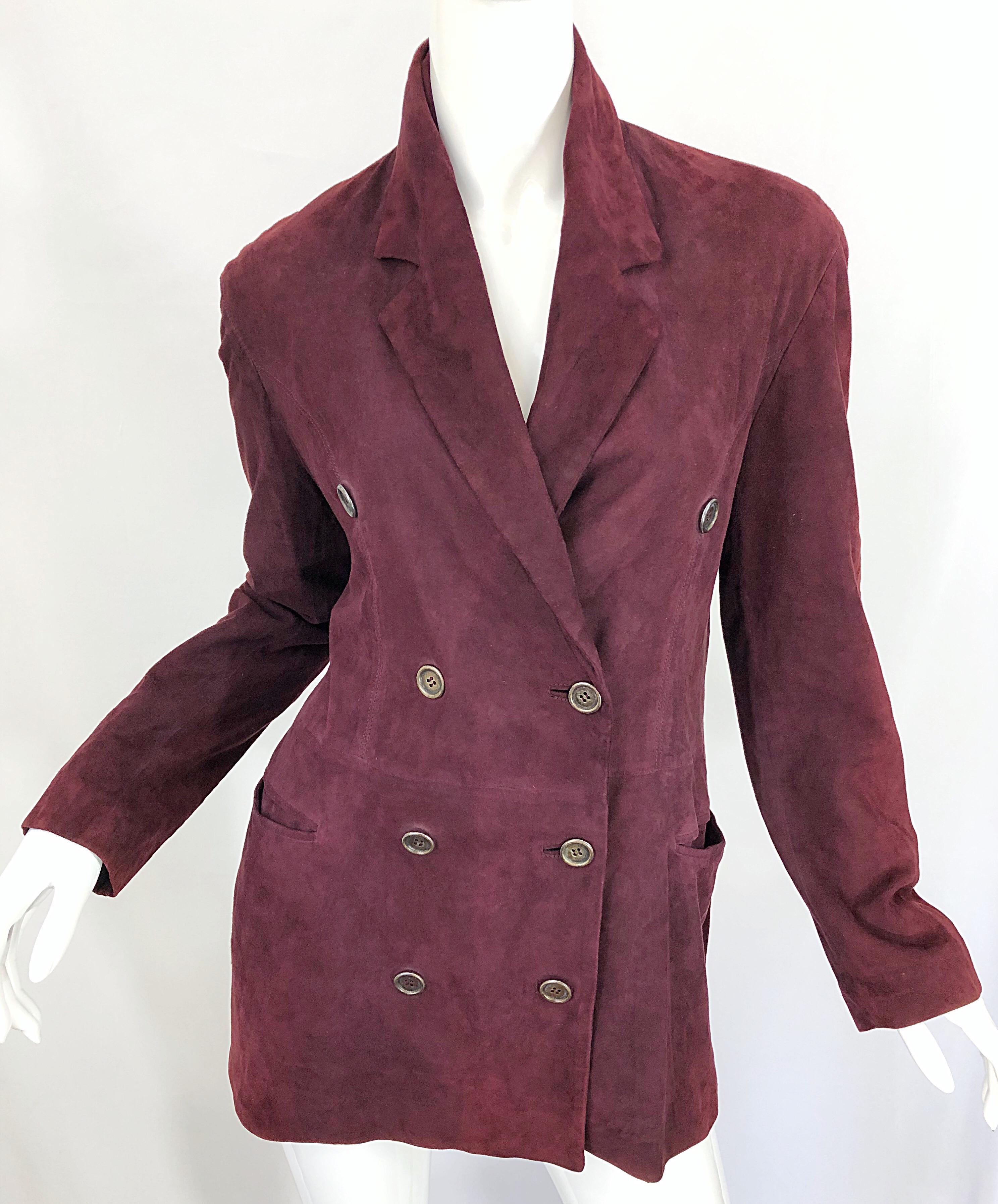 Ozbek 1990s Suede Leather Size 8 Burgundy Maroon Double Breasted Blazer Jacket In Excellent Condition For Sale In San Diego, CA