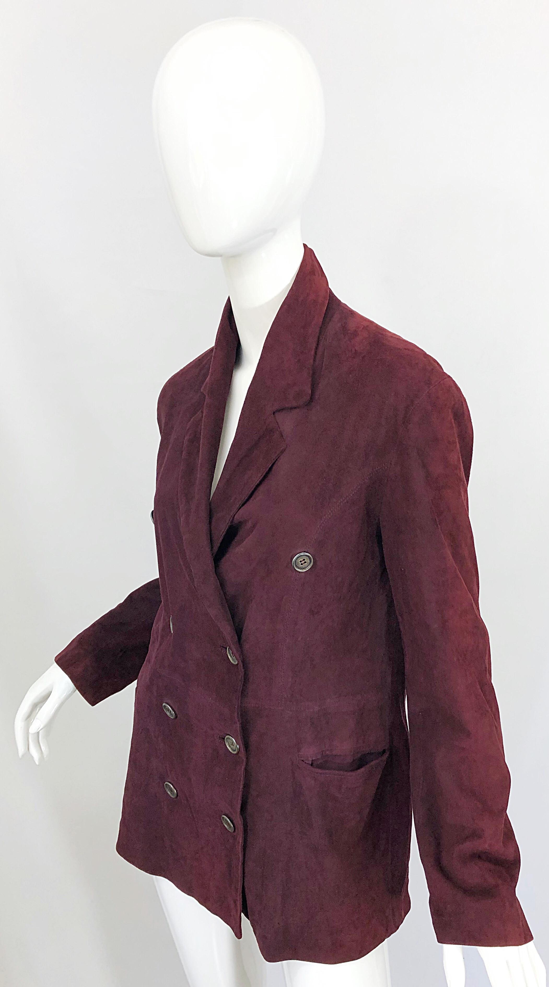 Women's Ozbek 1990s Suede Leather Size 8 Burgundy Maroon Double Breasted Blazer Jacket For Sale