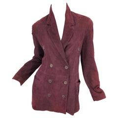 Ozbek - Blazer croisé en cuir de daim bordeaux et marron, taille 8, années 1990