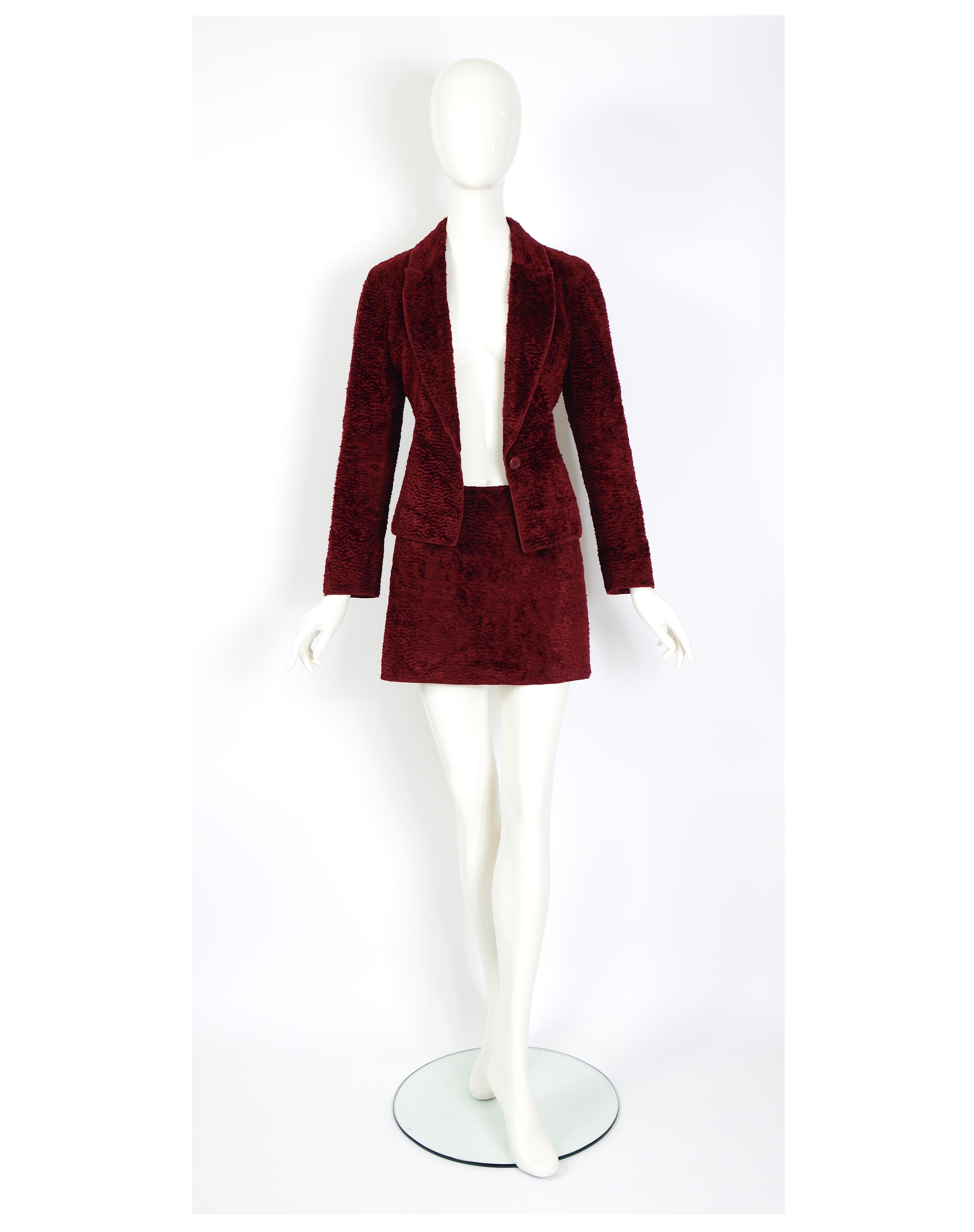 Ozbek by Rifat Ozbek vintage 90s burgundy cotton faux fur astrakhan suit For Sale 3