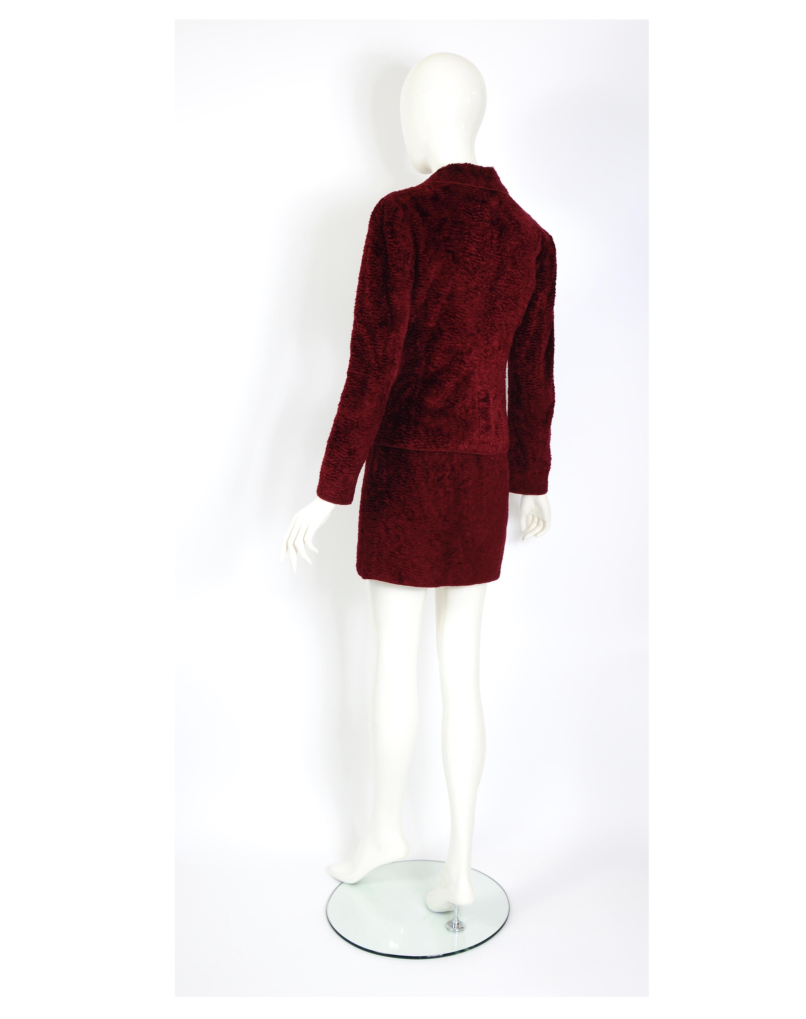 Red Ozbek by Rifat Ozbek vintage 90s burgundy cotton faux fur astrakhan suit For Sale