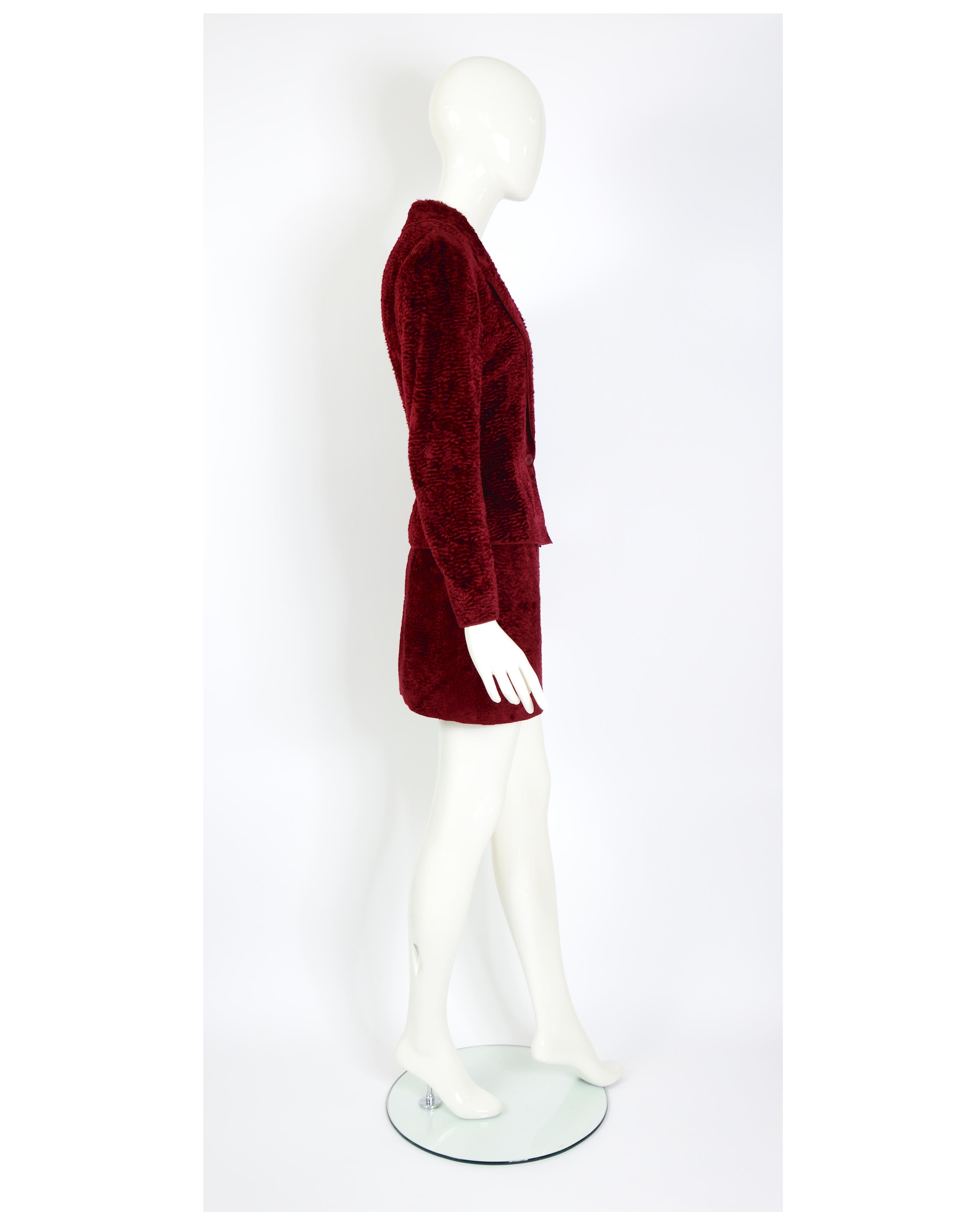 Ozbek by Rifat Ozbek vintage 90s burgundy cotton faux fur astrakhan suit For Sale 1