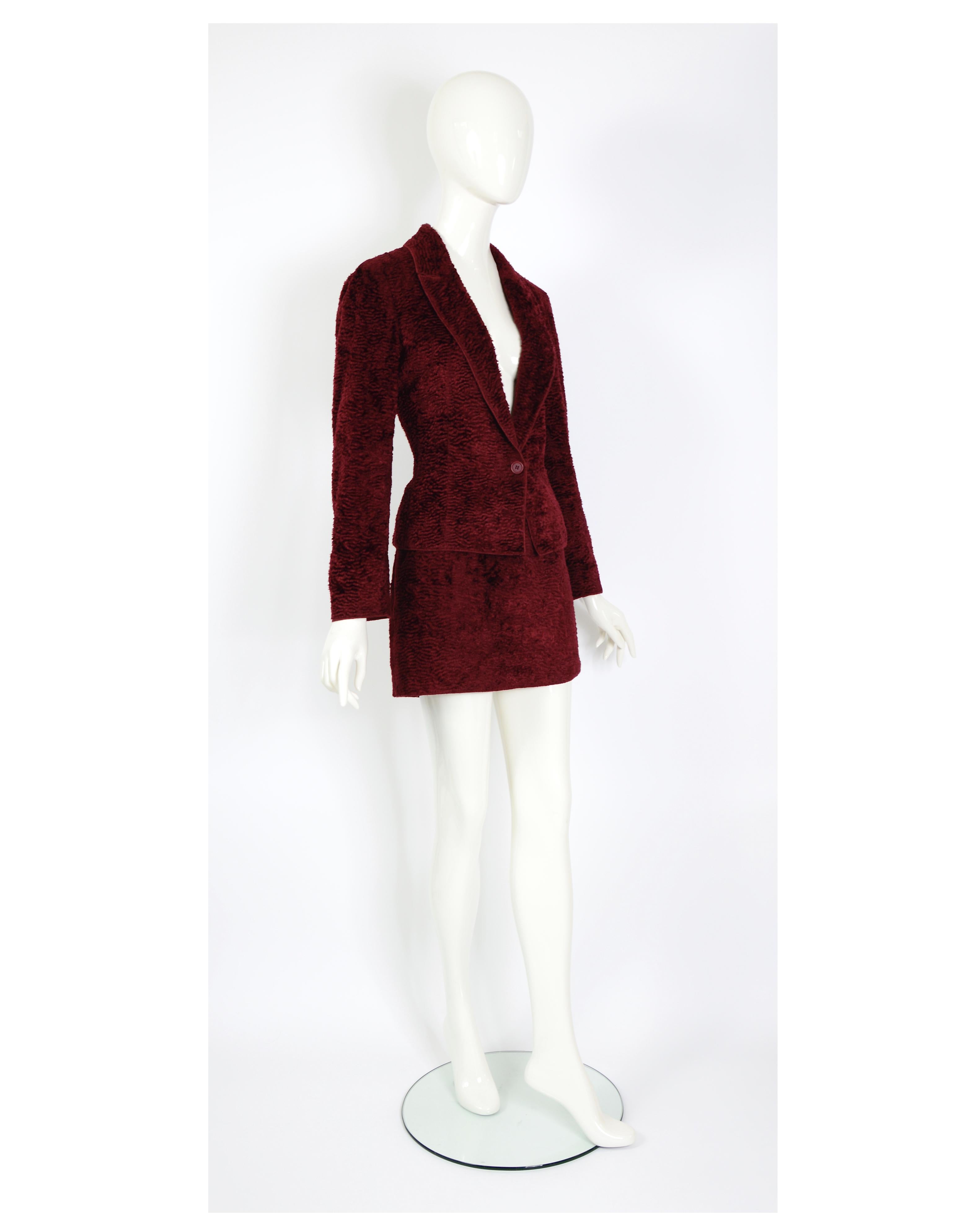 Ozbek by Rifat Ozbek vintage 90s burgundy cotton faux fur astrakhan suit For Sale 2