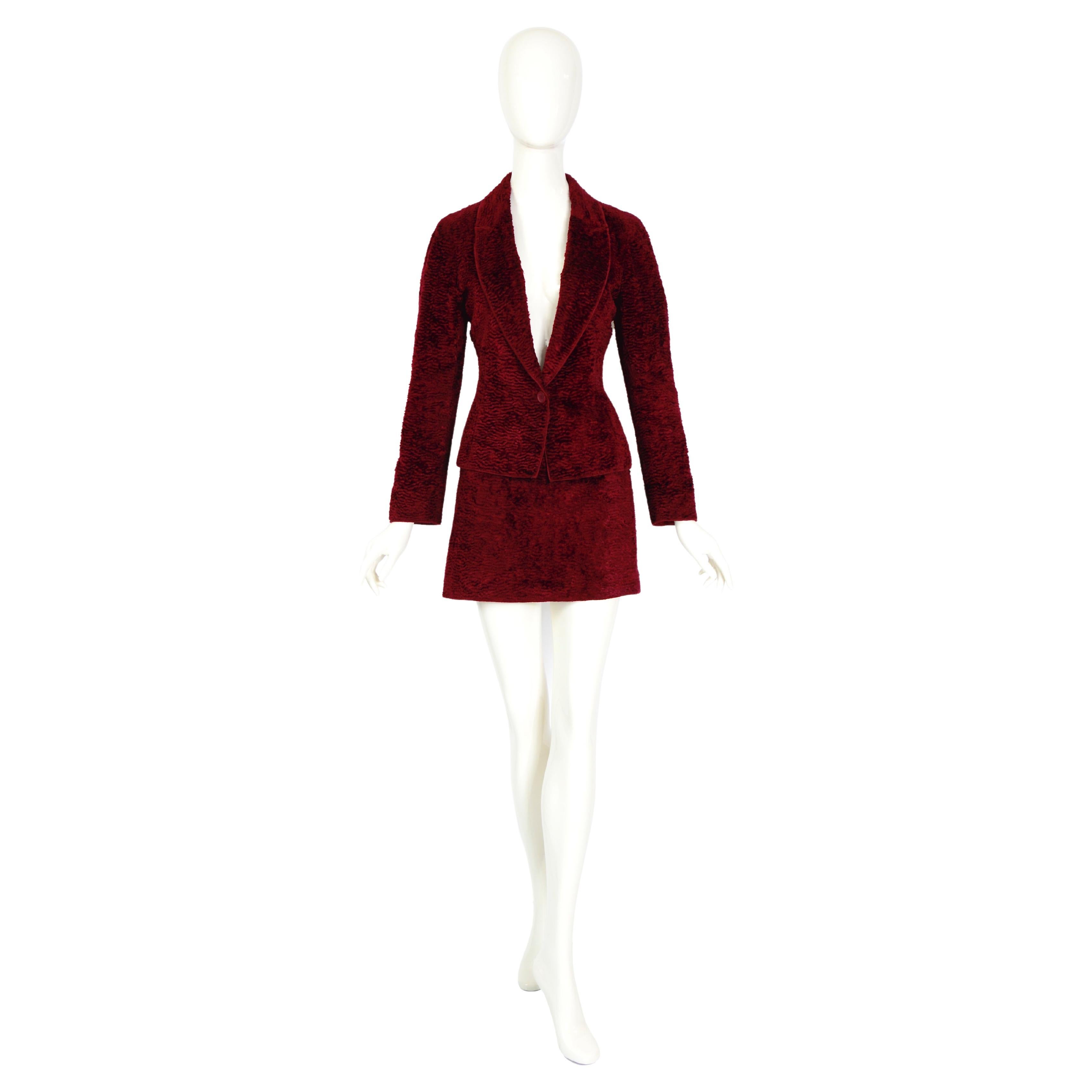 Ozbek by Rifat Ozbek vintage 90s burgundy cotton faux fur astrakhan suit For Sale