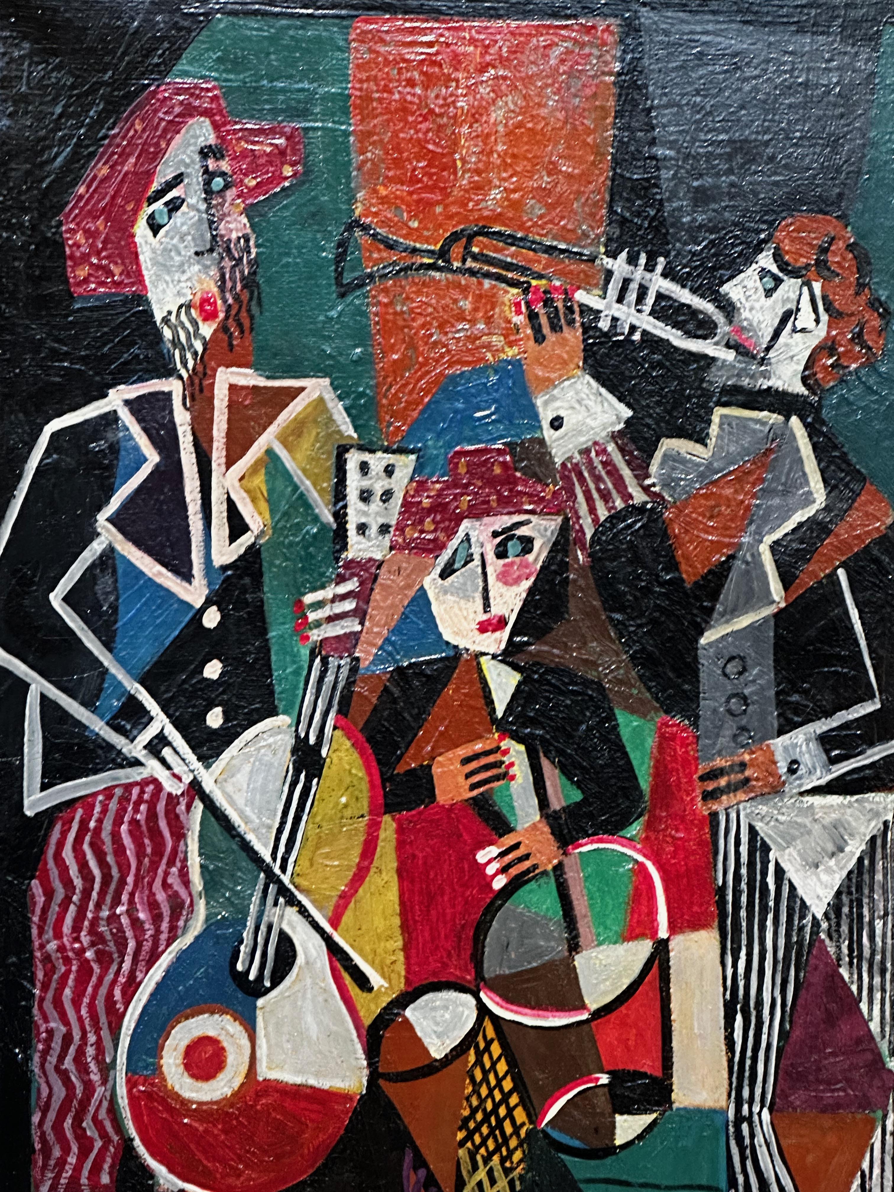 Jozef Popczyk Cubist Art Deco Painting Music Group In Good Condition For Sale In Oakland, CA
