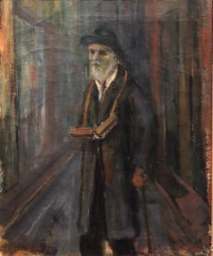 Judaica Oil Painting 1945 Palestine Old Jewish Man Polish Israeli Artist