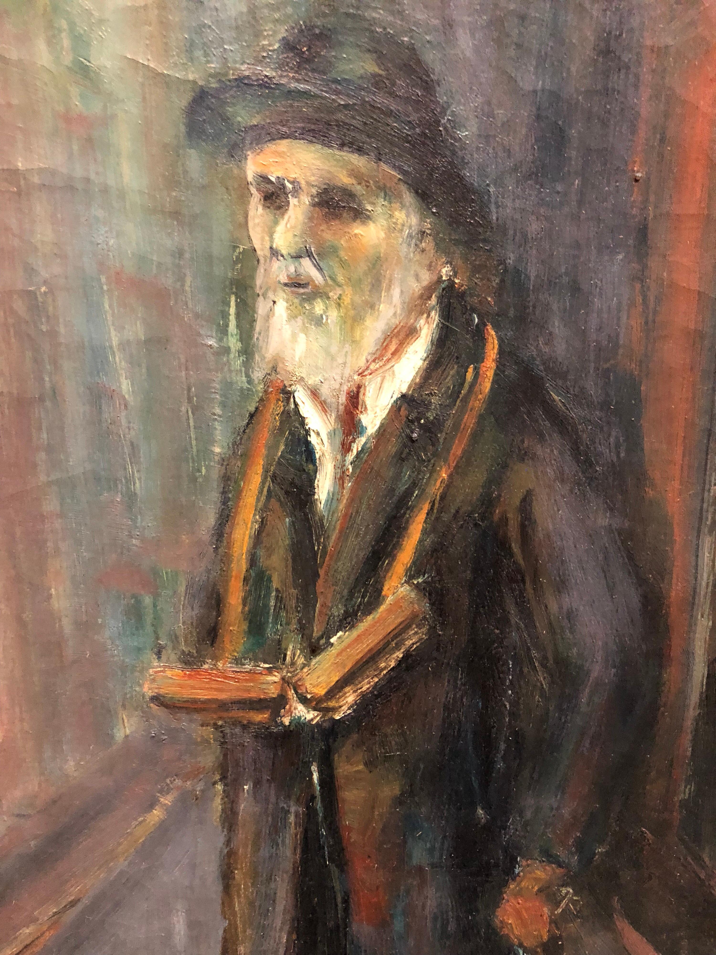 Judaica Oil Painting 1945 Palestine Old Jewish Man Polish Israeli Artist - Black Portrait Painting by Ozer Shabat