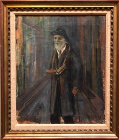 Vintage Judaica Oil Painting 1945 Palestine Old Jewish Man Polish Israeli Artist