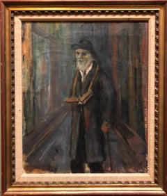 Judaica Oil Painting 1945 Palestine Old Jewish Man Polish Israeli Artist