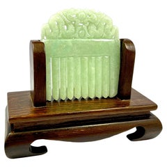 Ozoku Carved Dragon Burmese Green A-Jadeite Comb Ornament Showpiece with Stand