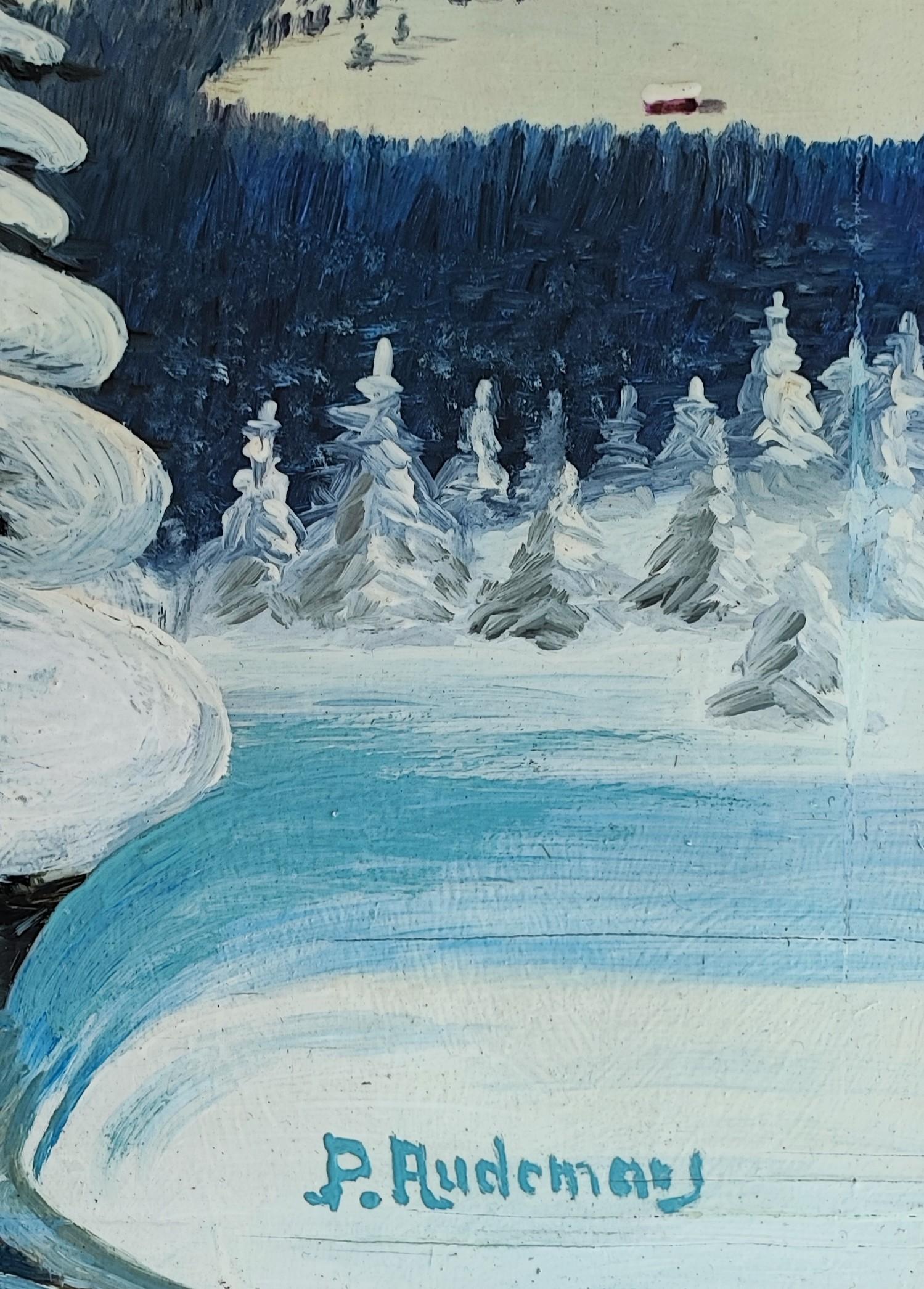 Paysage de montagne et sapin enneigé - Bleu Landscape Painting par P. Audemars
