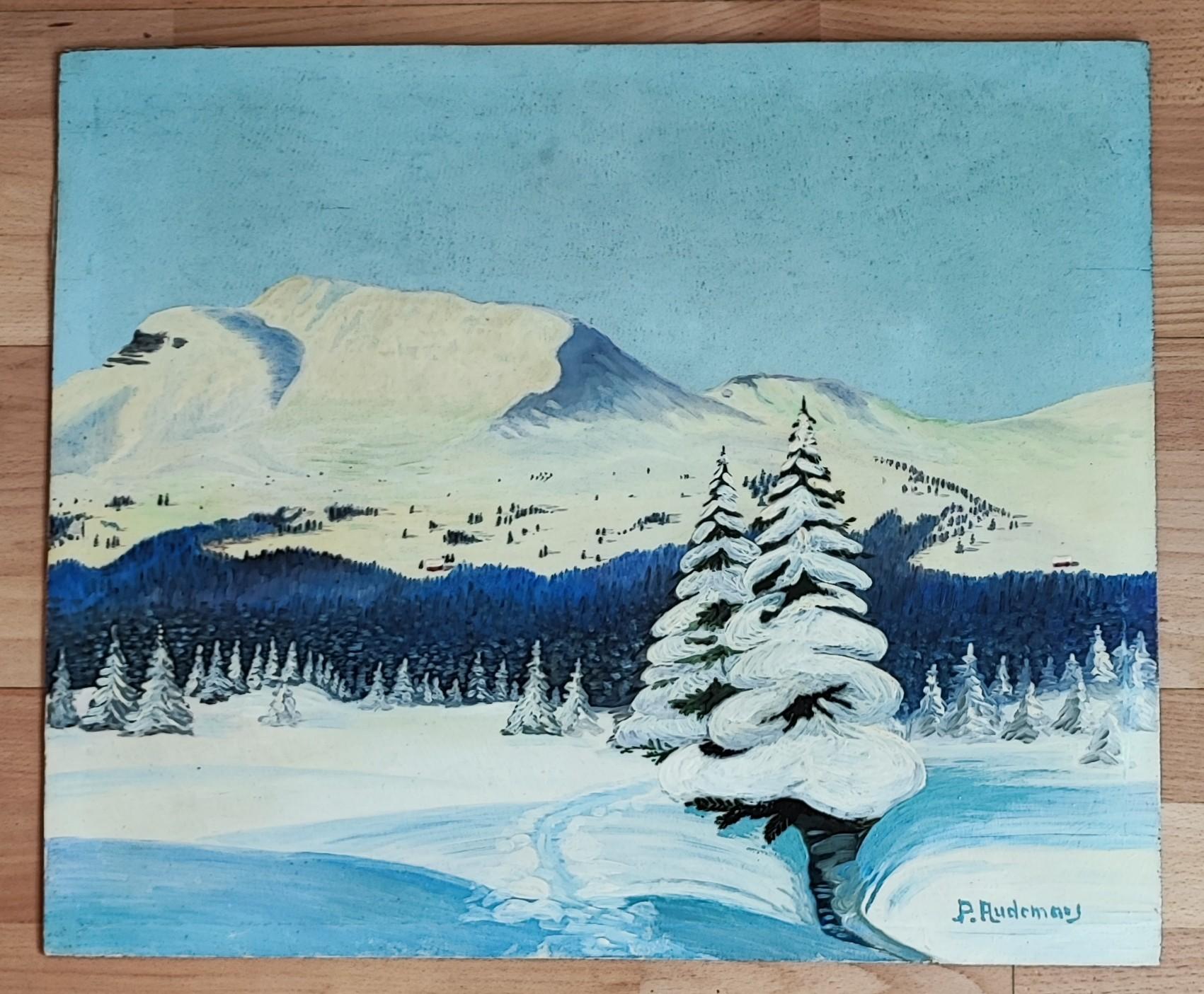 Paysage de montagne et sapin enneigé - Painting de P. Audemars