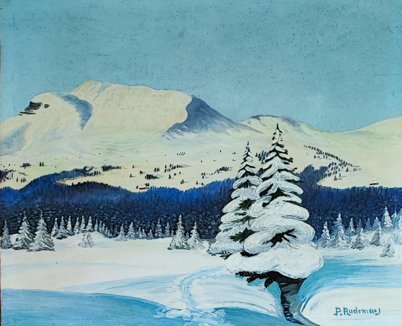 Landscape Painting P. Audemars - Paysage de montagne et sapin enneigé