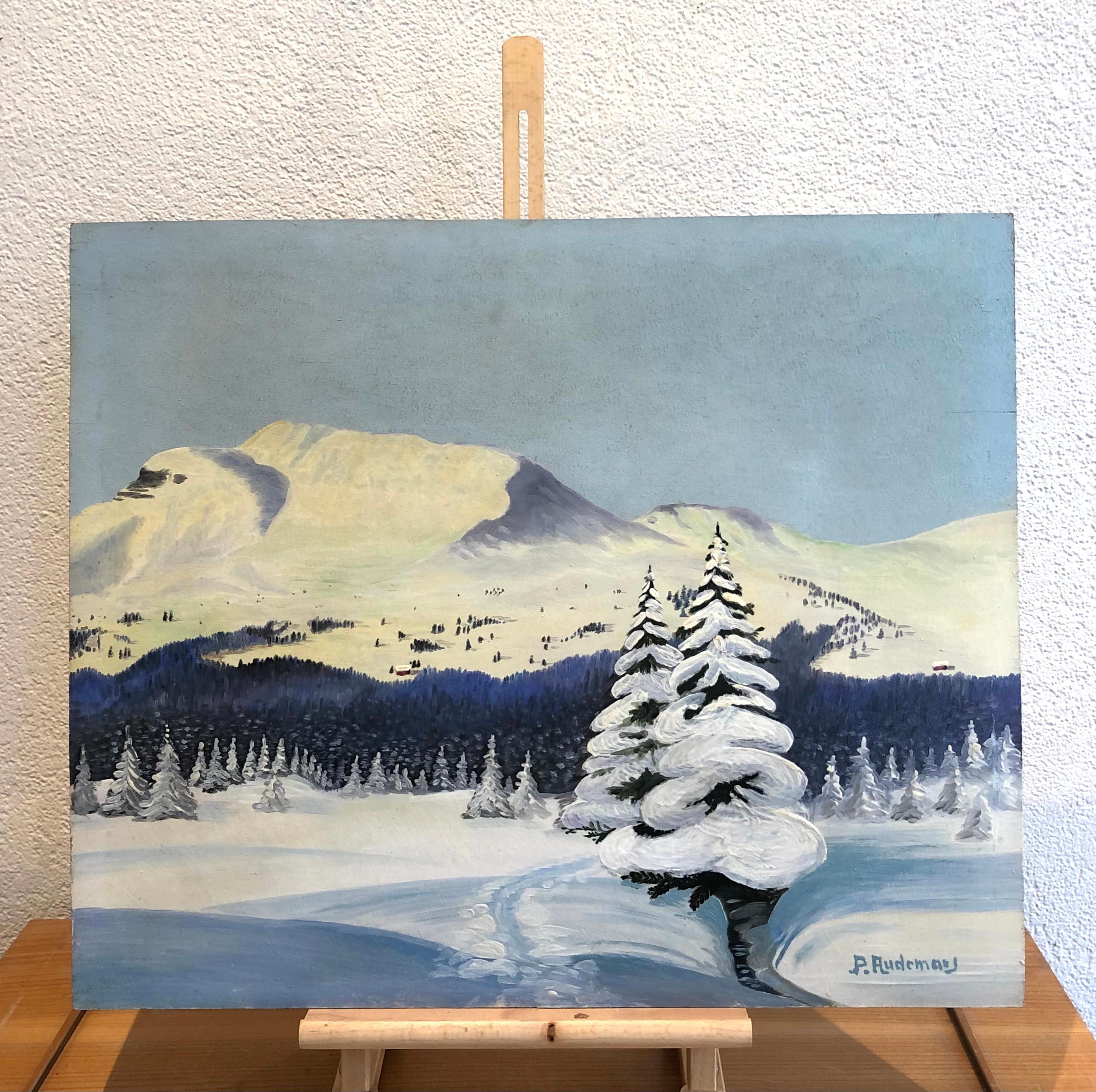 Arbeiten auf Holz
Dieses Werk stellt mit bemerkenswerter Präzision eine bezaubernde Winterlandschaft dar. Der Vordergrund wird von einer majestätischen, schneebedeckten Tanne beherrscht, deren Äste von einer dicken weißen Schicht bedeckt sind.