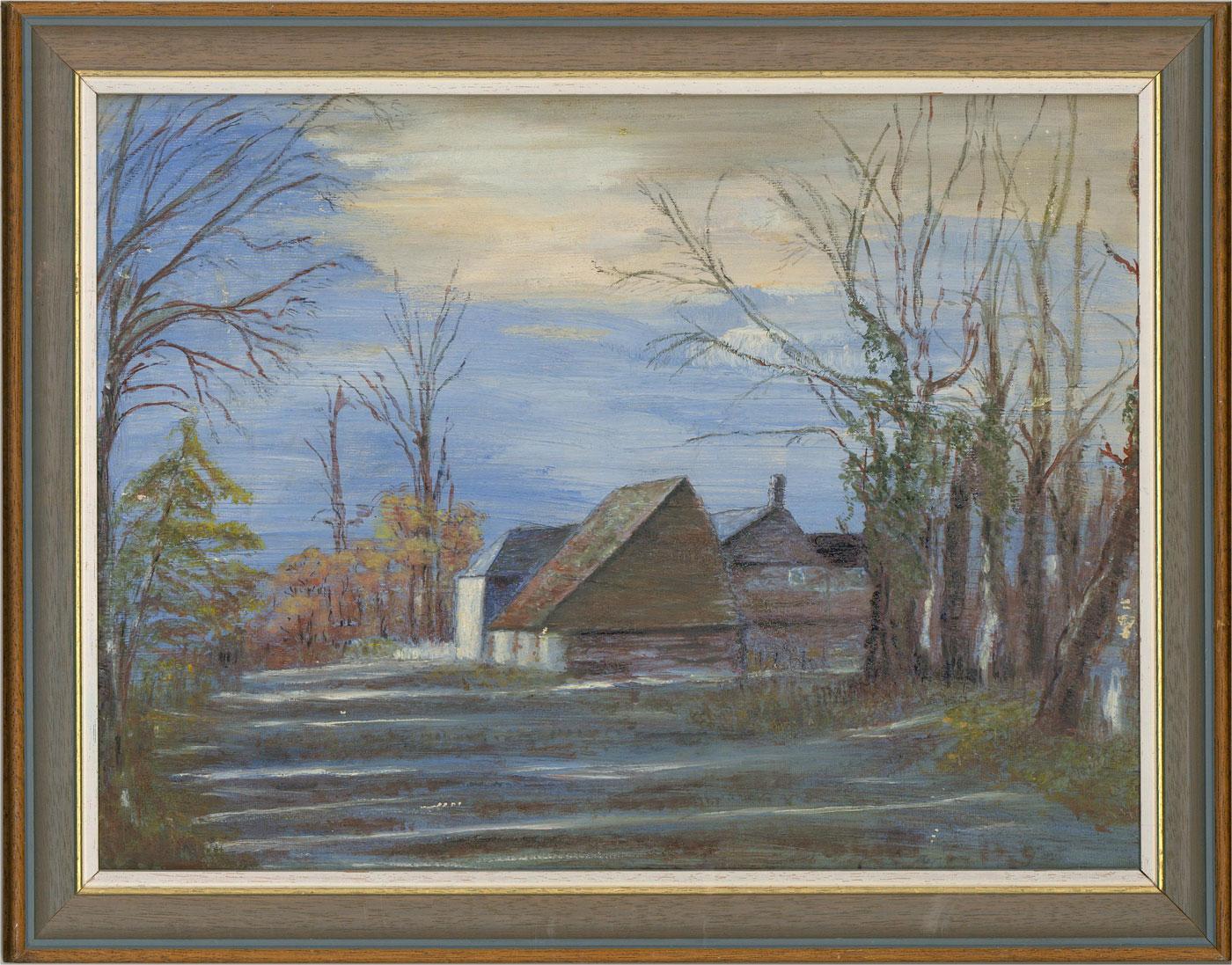 A charming oil painting, depicting a landscape scene in Mattingley, a village and large civil parish in Hampshire, England. Unsigned. Artist's name and location inscribed on the reverse. Presented in a painted wooden frame, as shown. On canvas