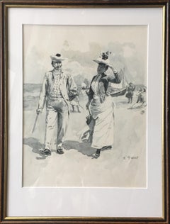 Walking Along the Beach, Bauer, German School, 19th Century, Signed P. Bauer