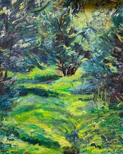 20th Century French Impressionist Oil Painting Lush Green Woodland Dappled Light