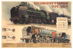 Original Locomotive A Vapeur Type 141 P vintage French antique poster on linen
