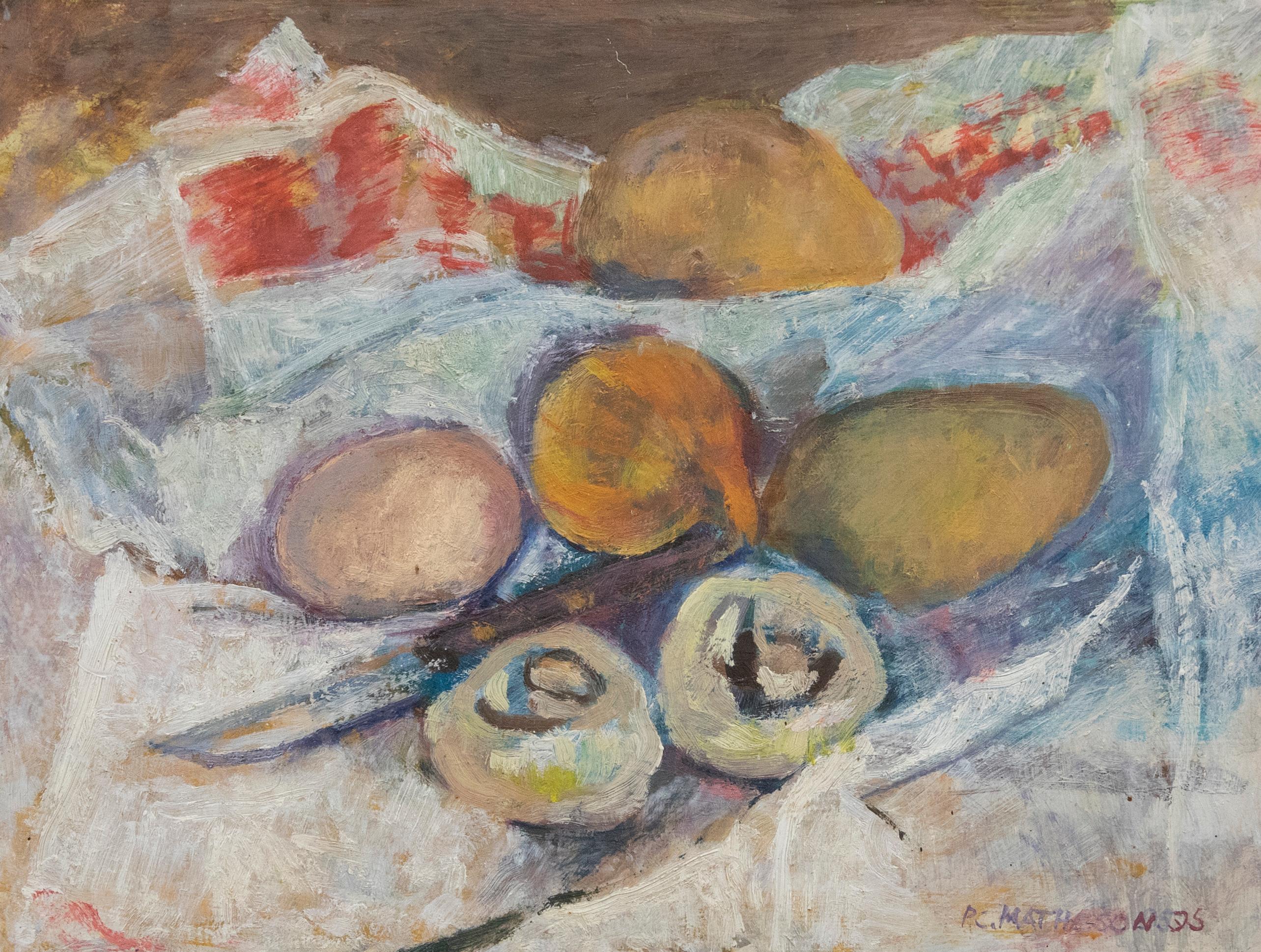 A fun and vibrant still life of mushrooms, potatoes and onions, ready to be sliced and diced on a kitchen cloth. The artist has signed and dated the composition to the lower right, and the oil has been carefully mounted on a wooden batten frame. On