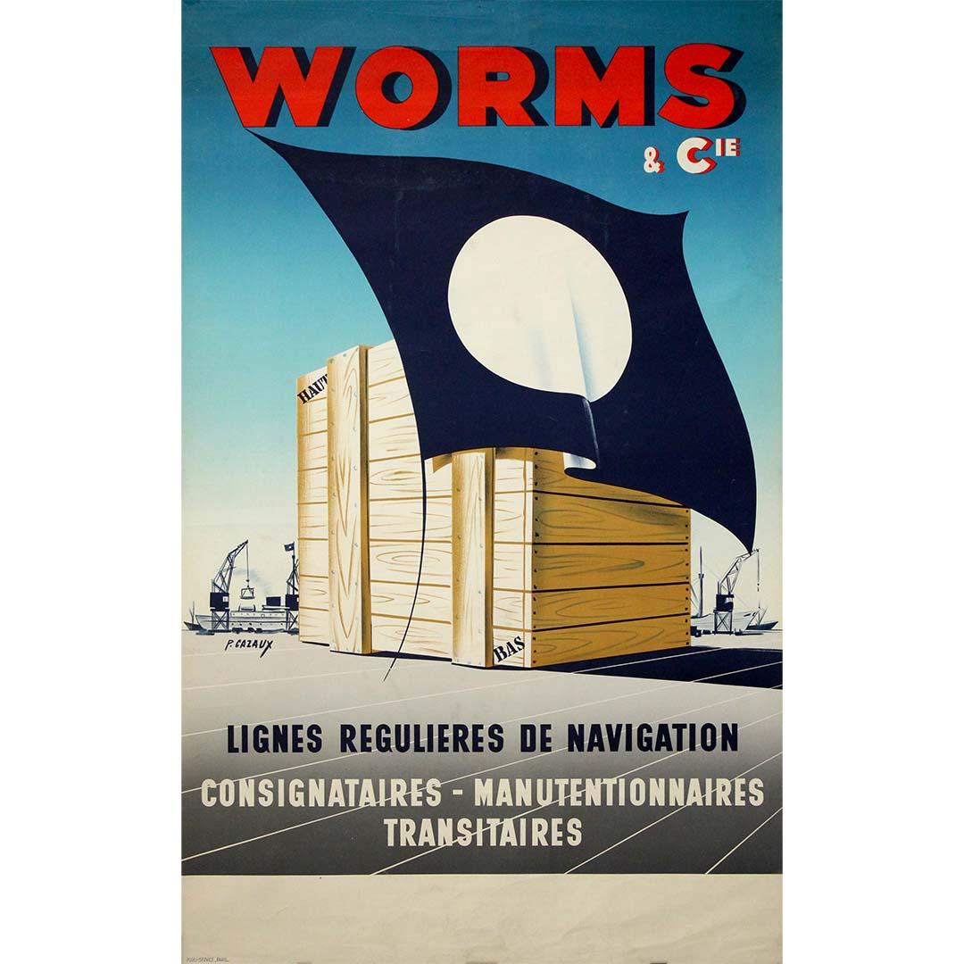 Cette puissante affiche commerciale de P. Cazaux, créée vers 1950, a été réalisée pour Worms 
Cie, l
une des principales sociétés françaises de transport maritime et de logistique. Actif dans le transport maritime, le fret et les services