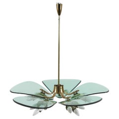 P. Chiesa for Fontana Arte Brass and Curved Crystal Suspension Lamp 50s Italy