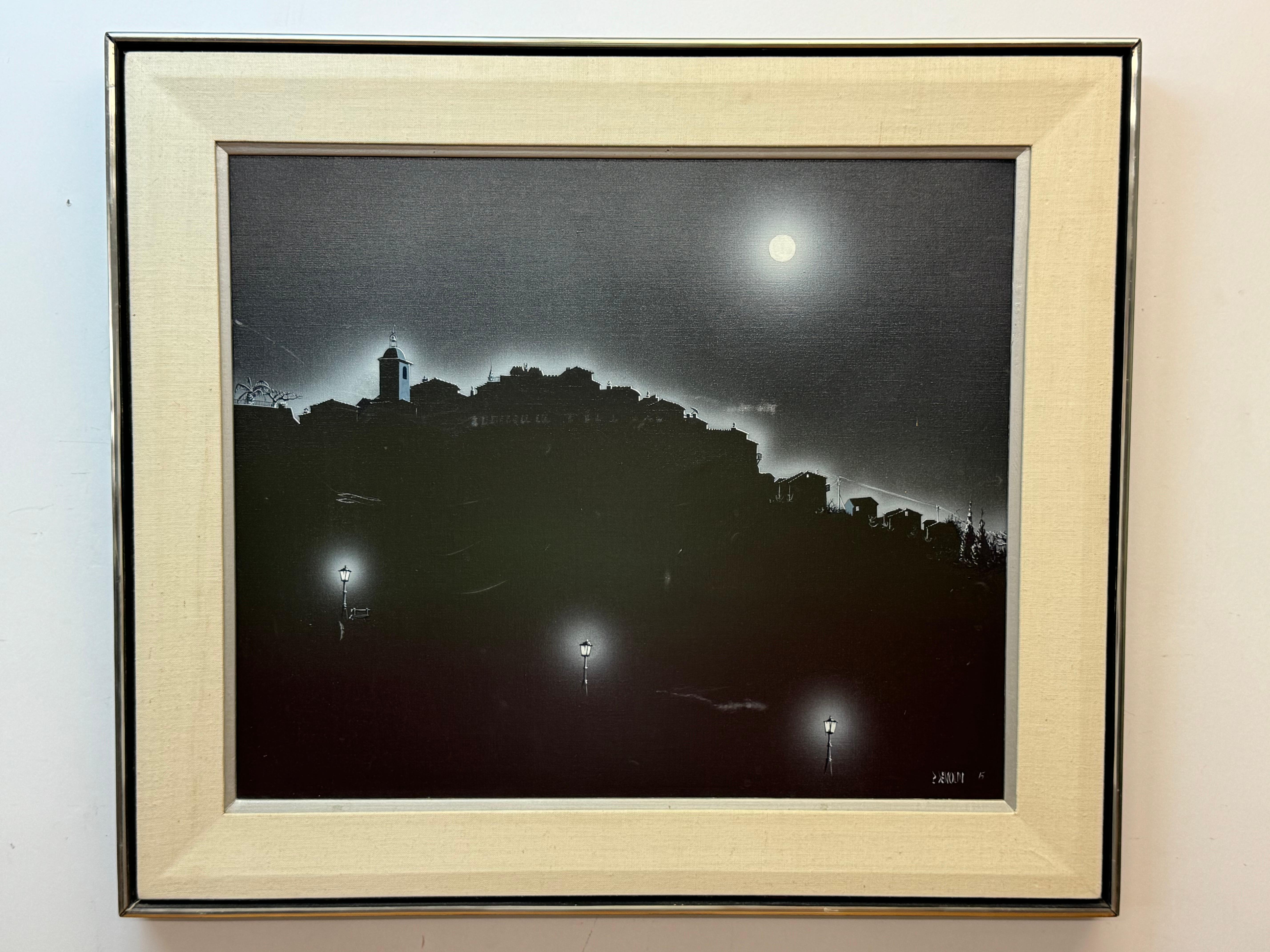 Nächtliche Stadtlandschaft von P. Denoun
Öl auf Leinwand
1975 

30,25×26,5 gerahmt  24 x 20 ungerahmt  