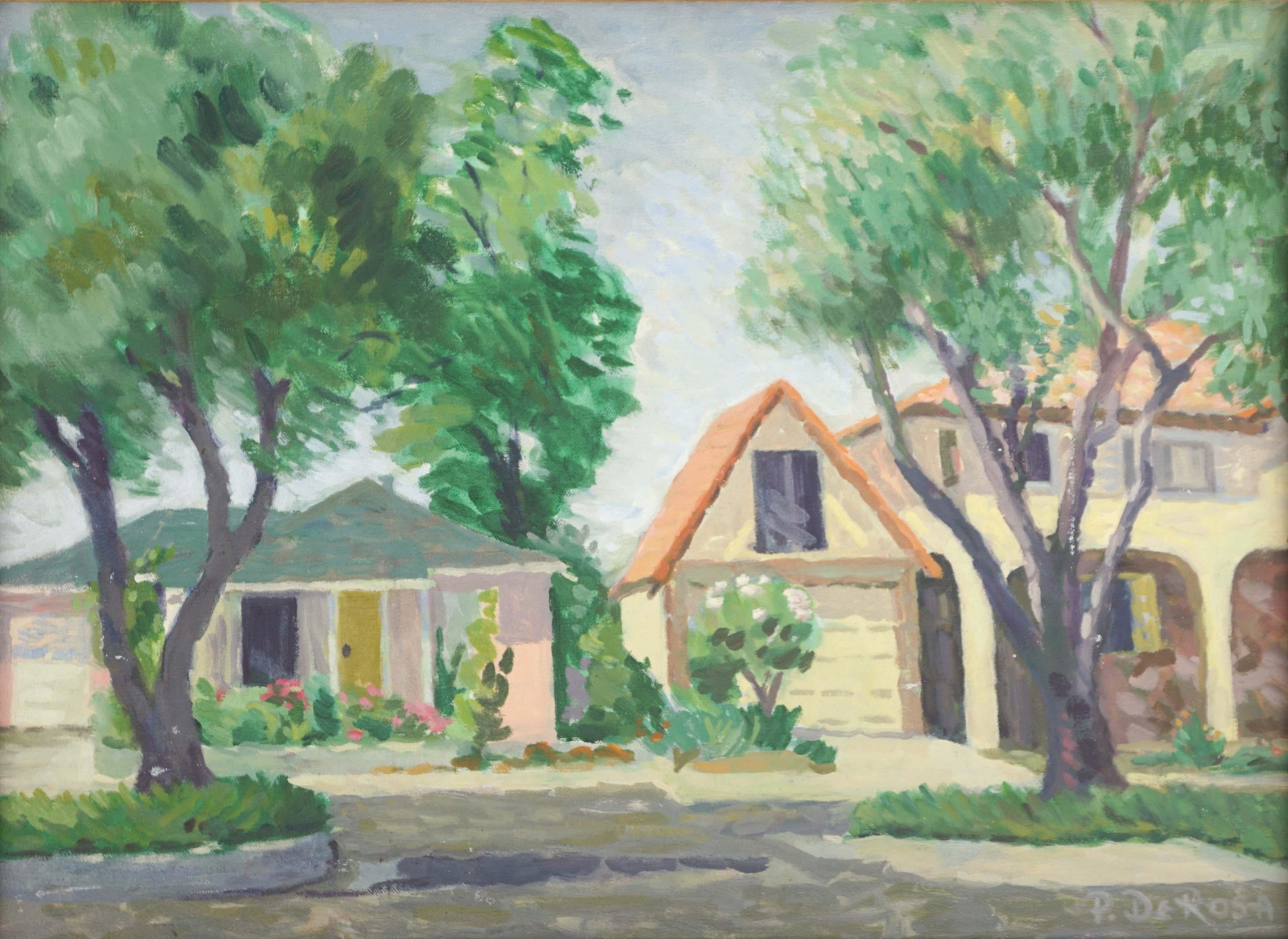 1970's California Neighborhood Landscape in Oil on Canvas - Painting by P. DeRosa