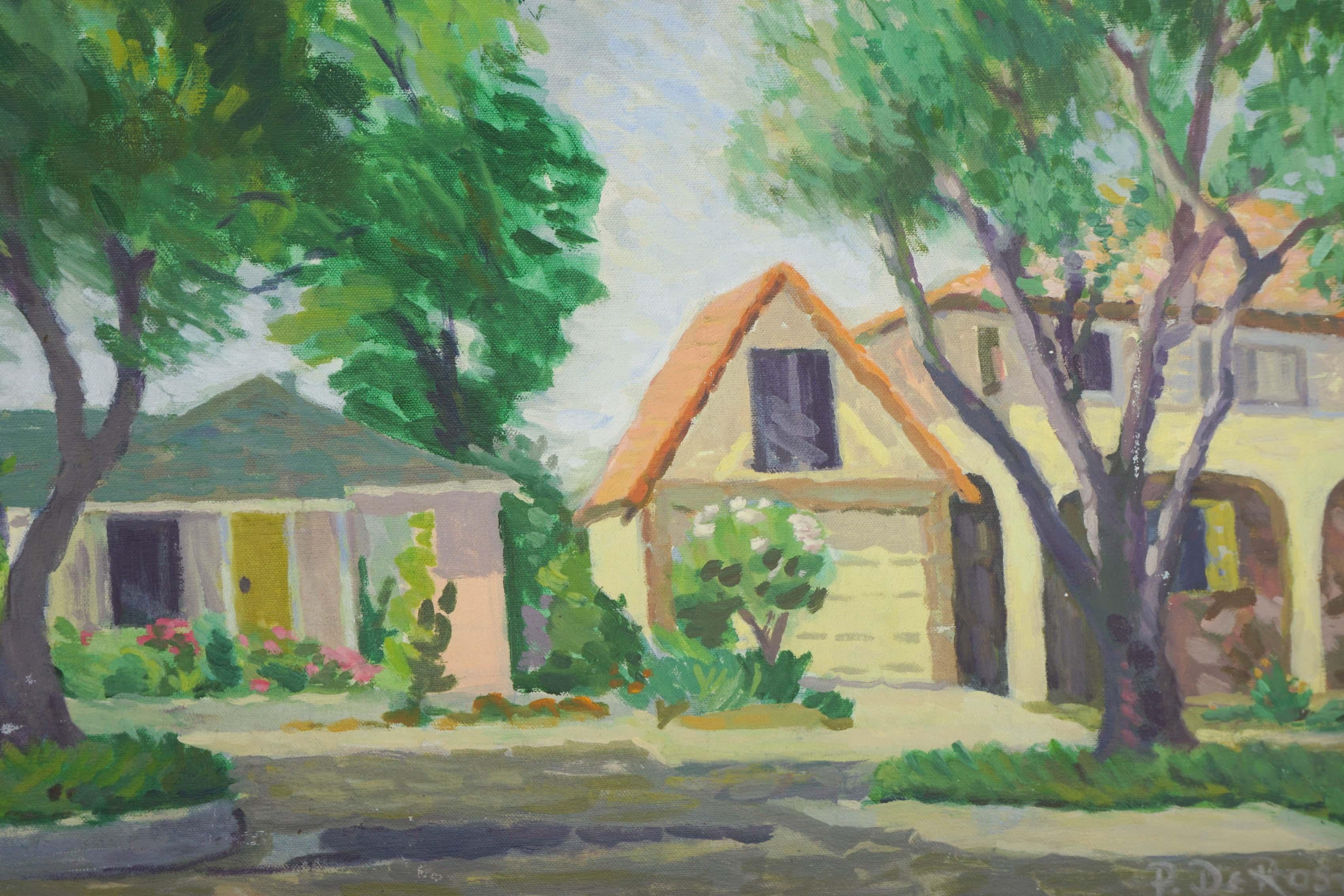 1970's California Neighborhood Landscape in Oil on Canvas - American Modern Painting by P. DeRosa