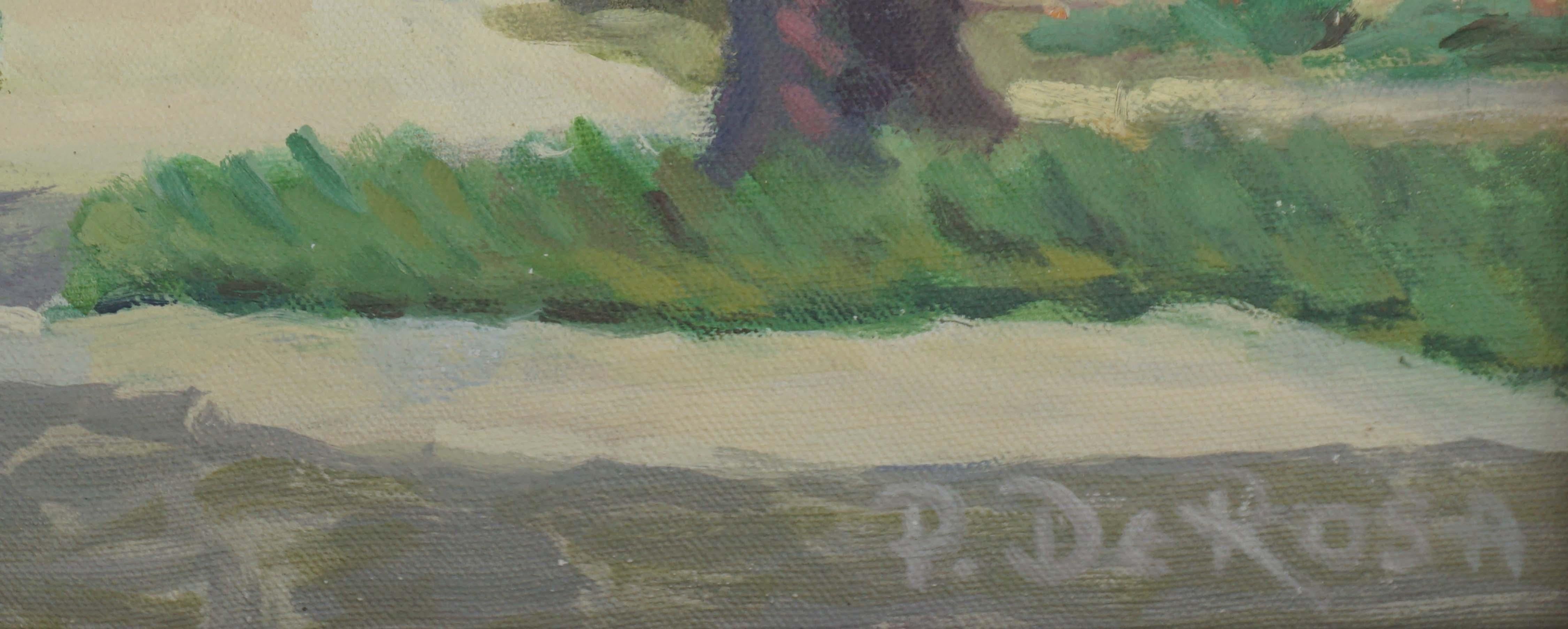 1970's California Neighborhood Landscape in Oil on Canvas - Gray Landscape Painting by P. DeRosa