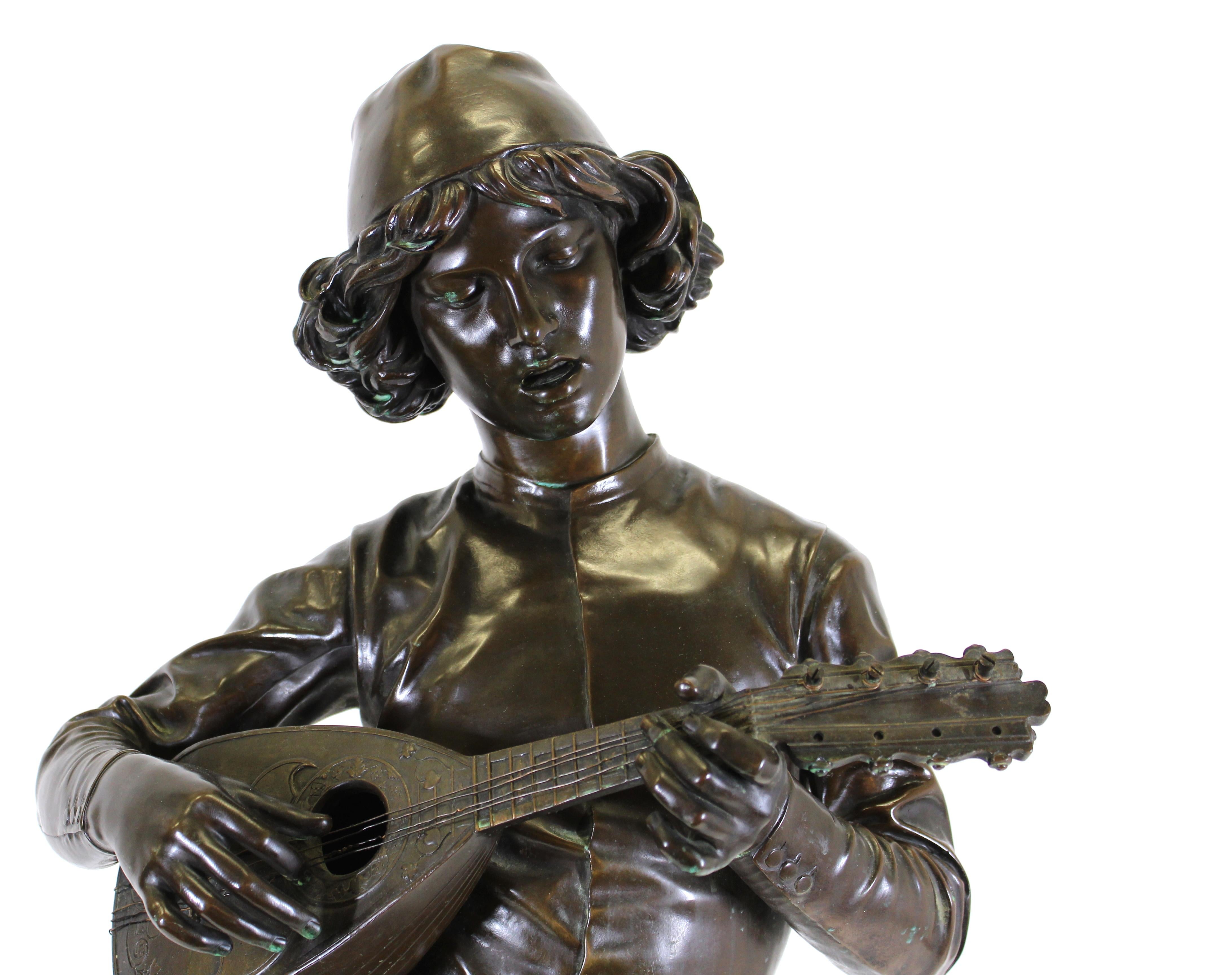 Paul Dubois (French 1829 –1905) 'Florentine Singer' French Romantic period cast bronze sculpture, after the original by Dubois in 1865, mechanical reduction by A. Collas, cast by Barbedienne, late 19th century. Foundry stamp: 