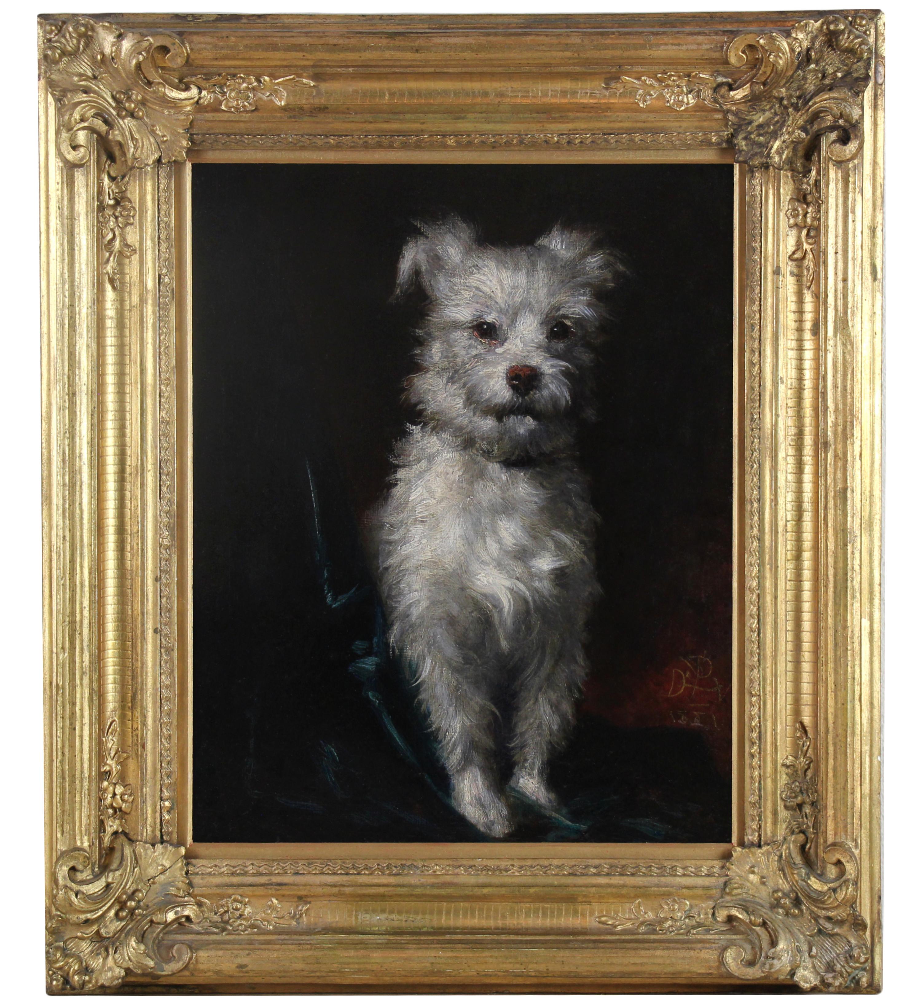 P DUPUIS Animal Painting - French oil painting on canvas " Little White Dog " dated 1881
