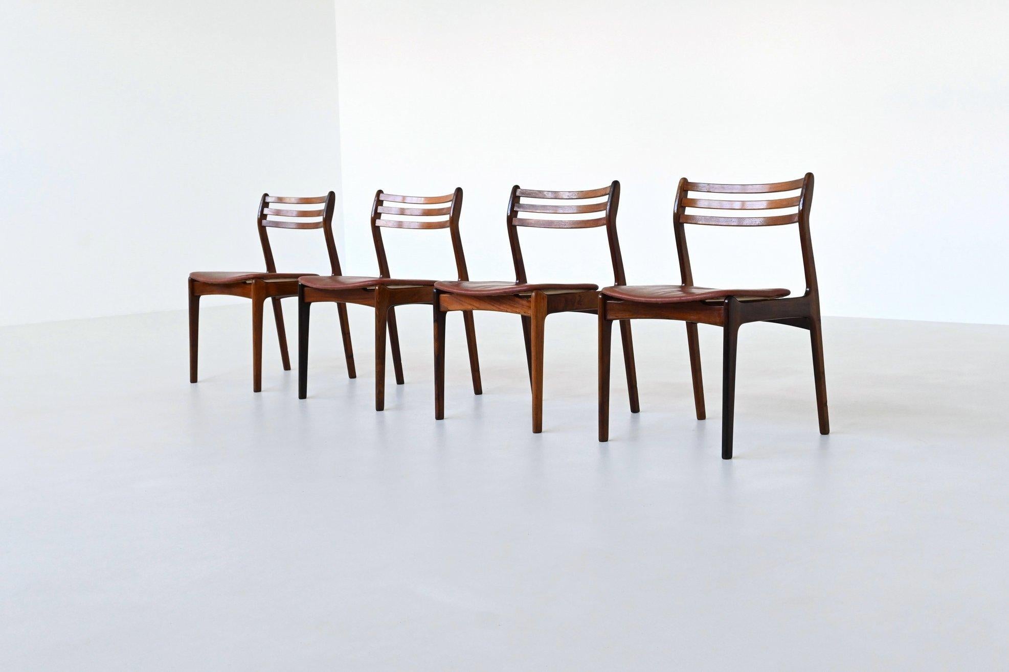 Fantastic set of four dining chairs designed by P. E. Jørgensen for Farso Stolefabrik, Denmark 1960. These chairs showcases the timeless appeal of Scandinavian design. They are beautifully made from rosewood, known for its rich and warm tones,