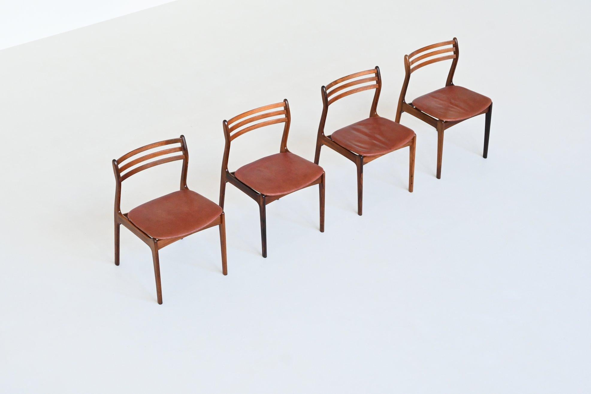Leather P. E. Jorgensen dining chairs in rosewood Farso Stolefabrik Denmark 1960 For Sale
