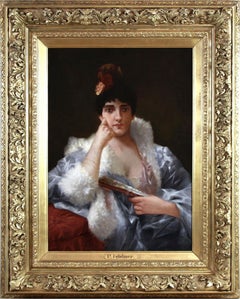 1890 Belgian Antique Portrait Oil Painting by P. Fehdmer, Woman with Fan, Framed