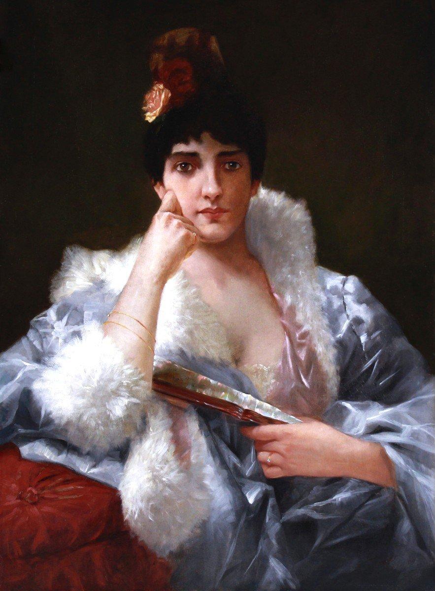 Oil painting on canvas “portrait of an Elegant woman with fan” dated 1890 - Painting by P. Fehdmer