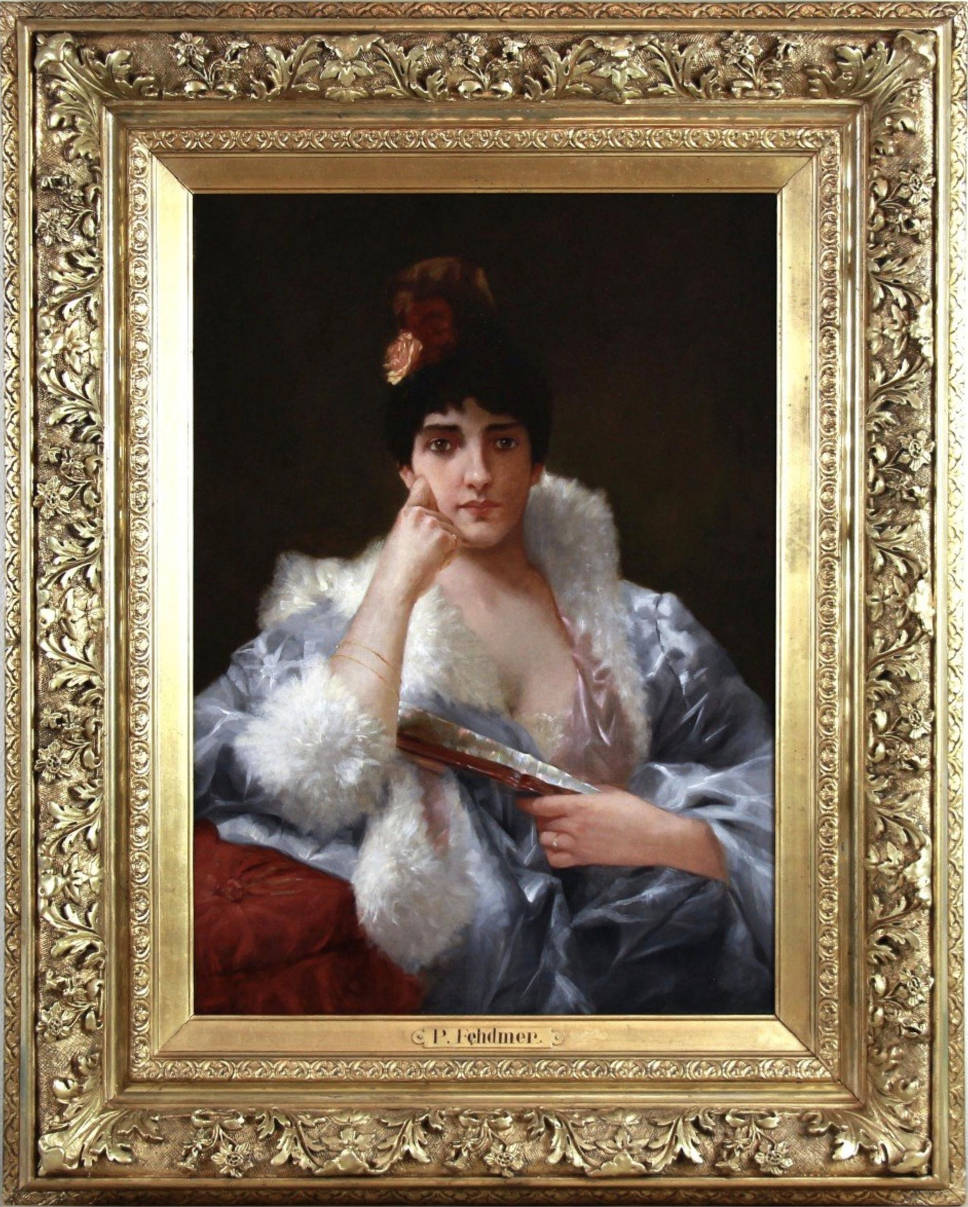 Portrait Painting P. Fehdmer - Peinture à l'huile sur toile portrait d'une femme élégante avec un éventail daté de 1890